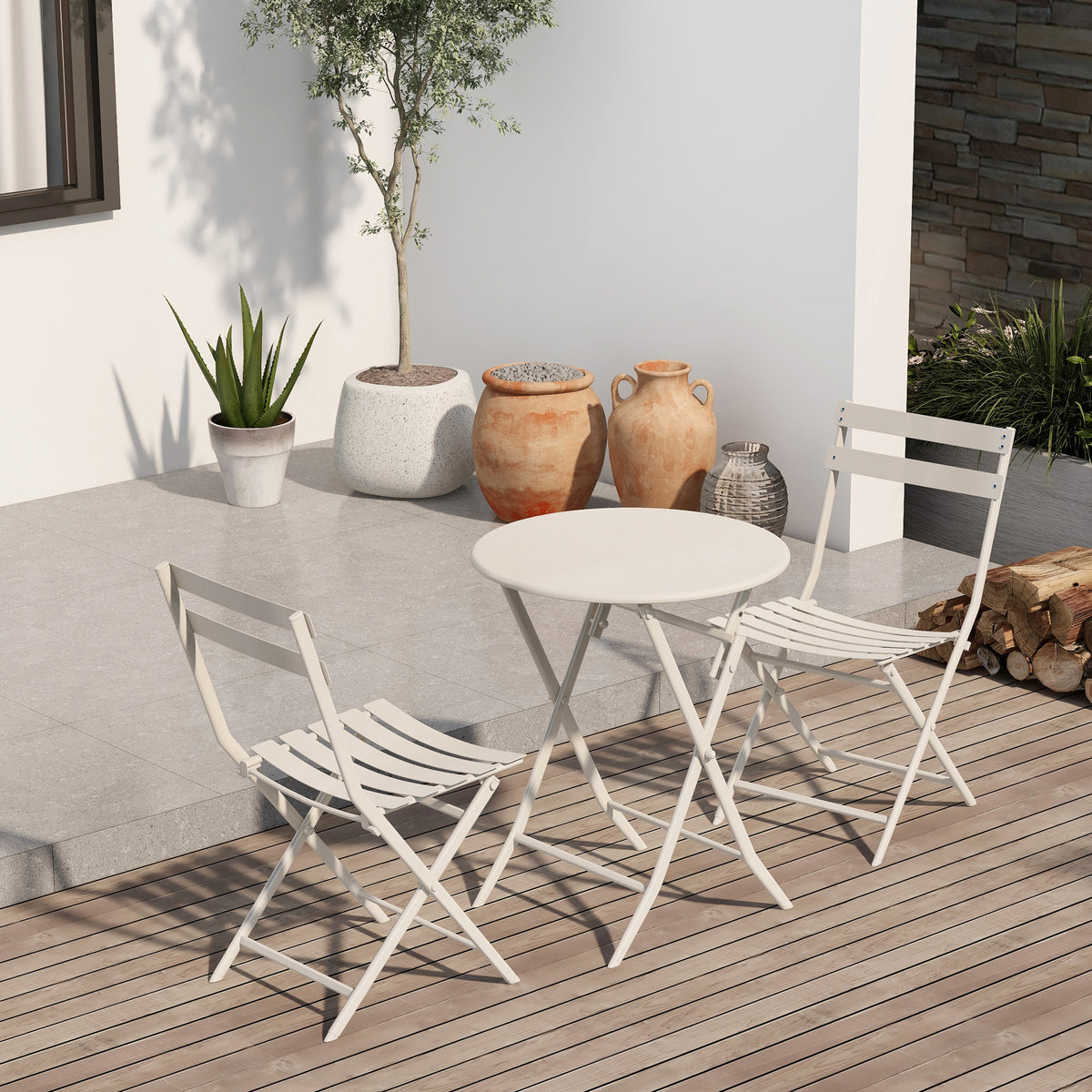 3 Piece Patio Bistro Set Of Foldable Round Table And Chairs, White No White Metal