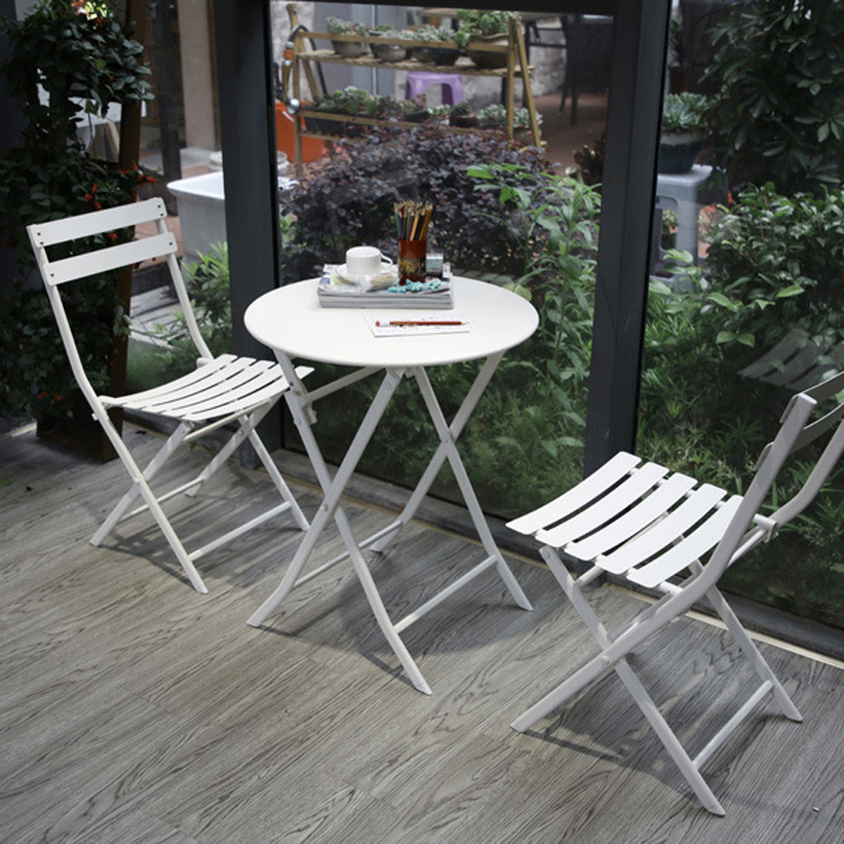 3 Piece Patio Bistro Set Of Foldable Round Table And Chairs, White No White Metal