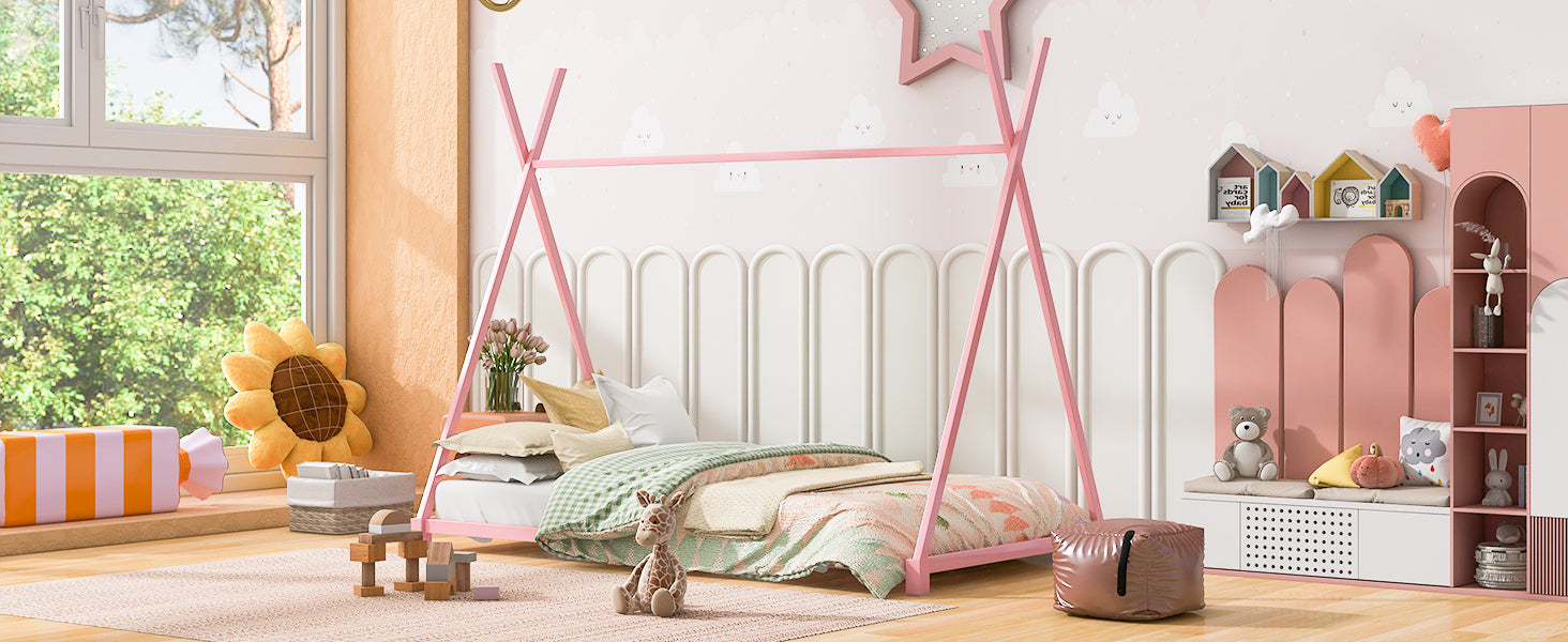 Metal Twin Size House Platform Bed With Triangle Structure, Pink Pink Metal
