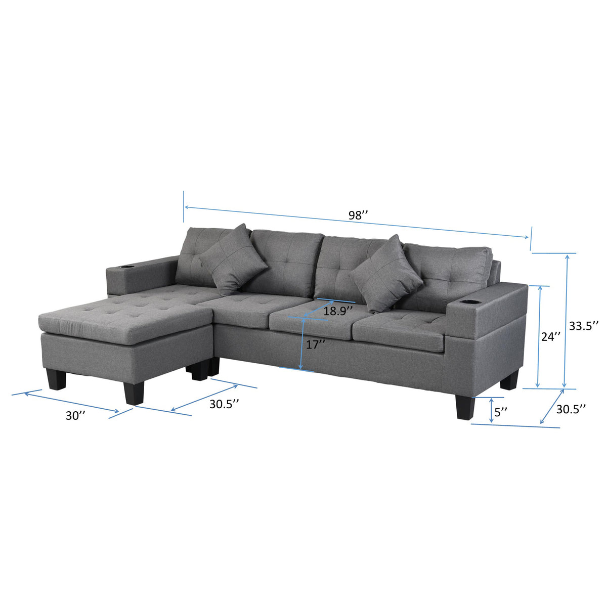 Sectional Sofa Set For Living Room With L Shape Chaise Lounge ,Cup Holder And Left Or Right Hand Chaise Modern 4 Seat Grey Fabric