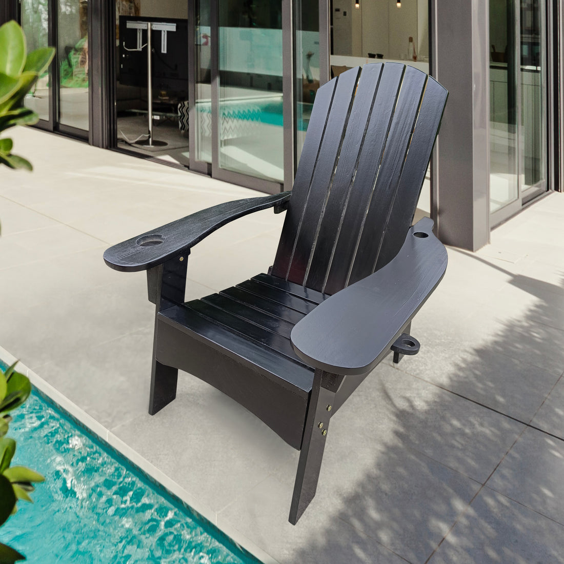 Outdoor Or Indoor Wood Adirondack Chair With An Hole To Hold Umbrella On The Arm ,Black Black Solid Wood