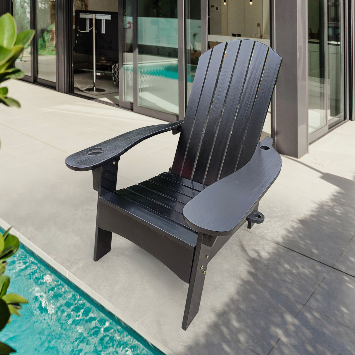 Outdoor Or Indoor Wood Adirondack Chair With An Hole To Hold Umbrella On The Arm ,Black Black Solid Wood