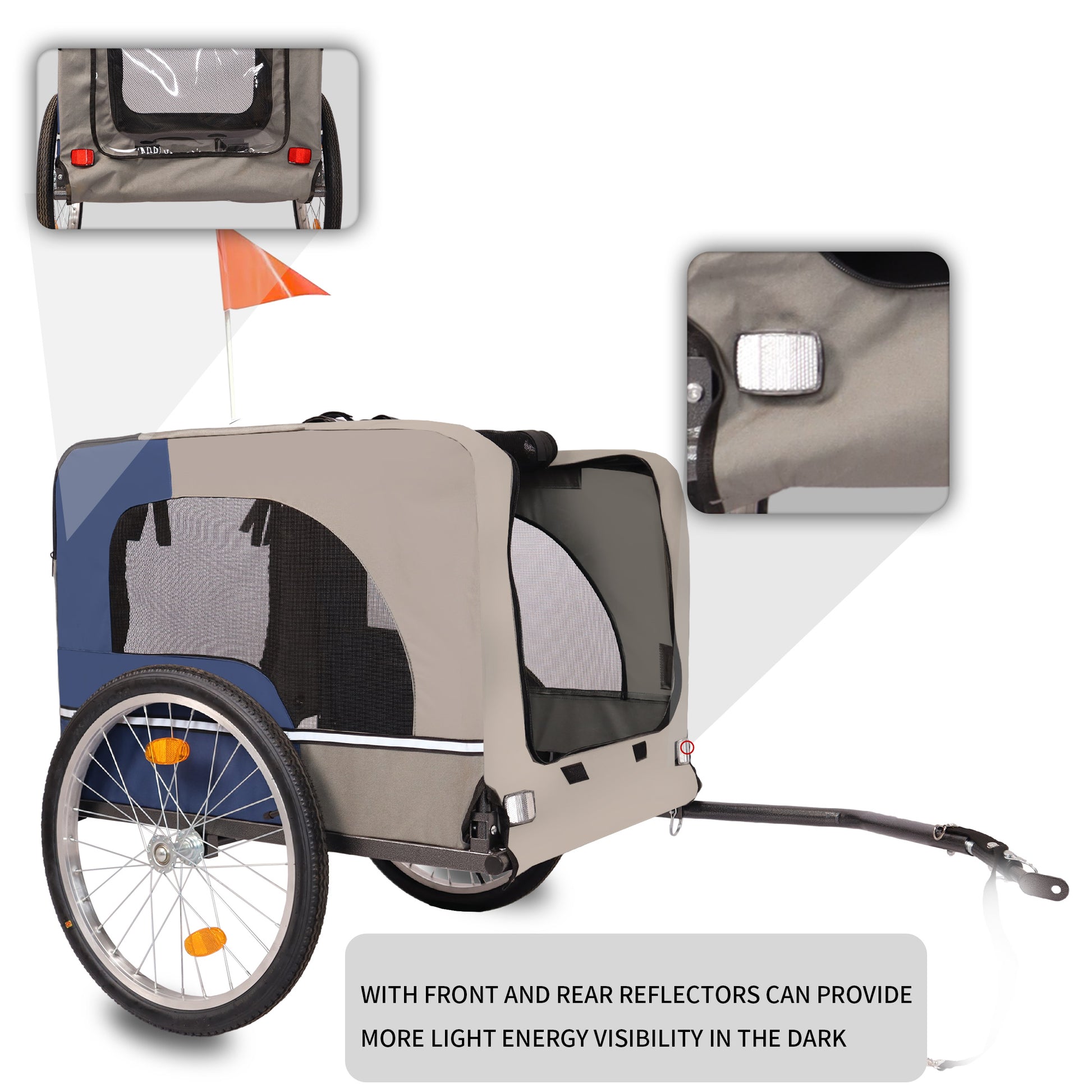 Tangkula Dog Bike Trailer,Mesh Dog Cart With 3 Entrances, Safety Flag, 8 Reflectors, Folding Pet Carrier Wagon With 20 Inch Wheels, Bicycle Carrier For Medium And Small Sized Dogs Blue Grey Fabric Steel