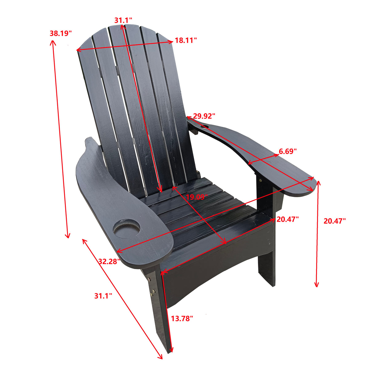Outdoor Or Indoor Wood Adirondack Chair With An Hole To Hold Umbrella On The Arm ,Black Black Solid Wood