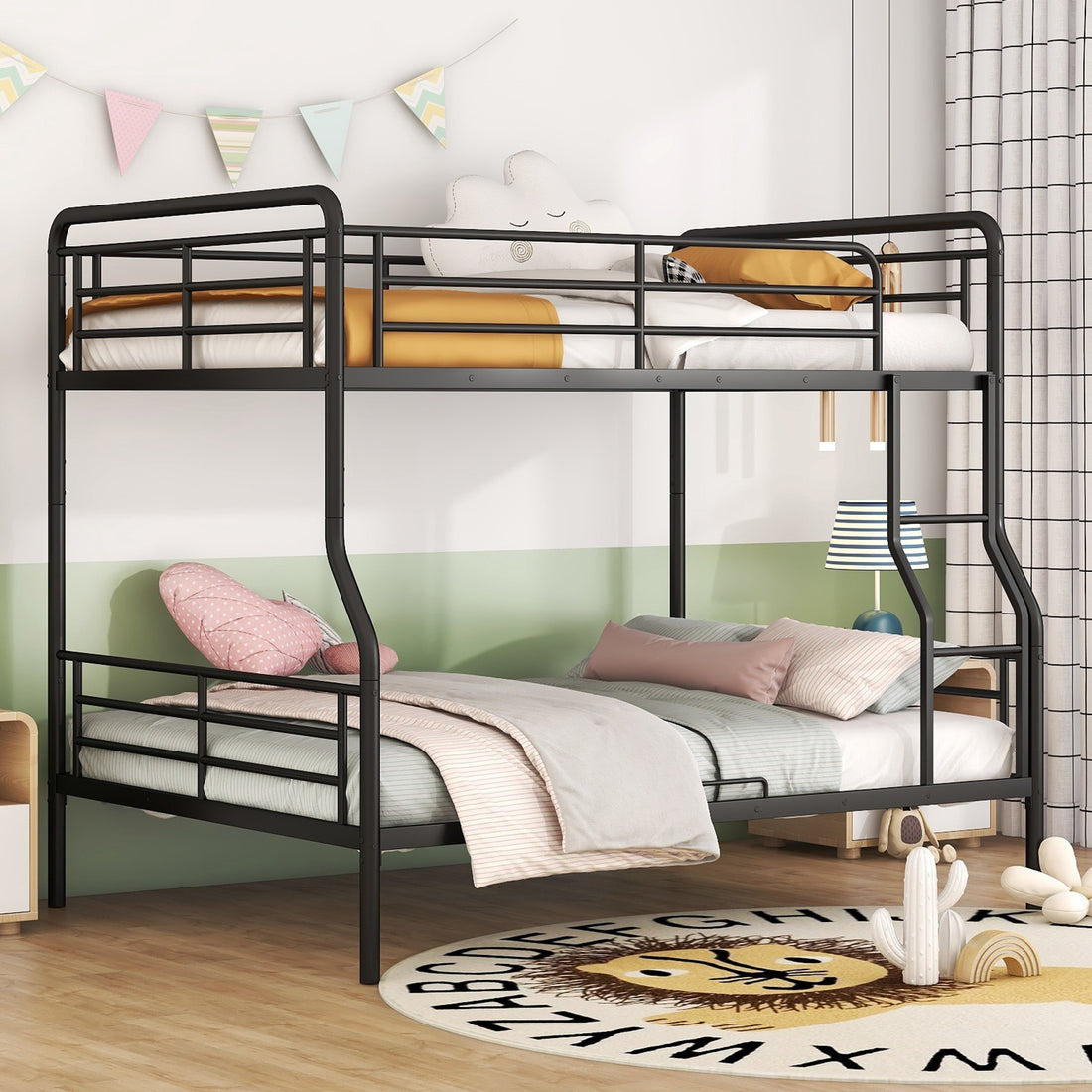 Full Xl Over Queen Metal Bunk Bed, Black Black Iron