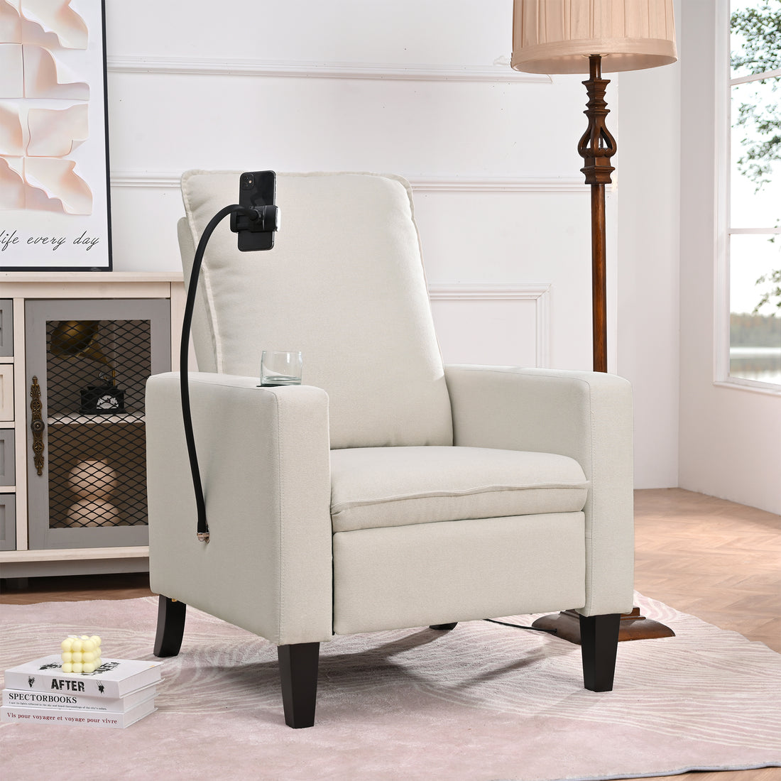 Recliner Chairs For Adults, Adjustable Recliner Sofa With Mobile Phone Holder & Cup Holder, Modern Reclining Chairs Fabric Push Back Recliner Chairs For Living Room, Bedroom, Beige Beige Foam Polyester