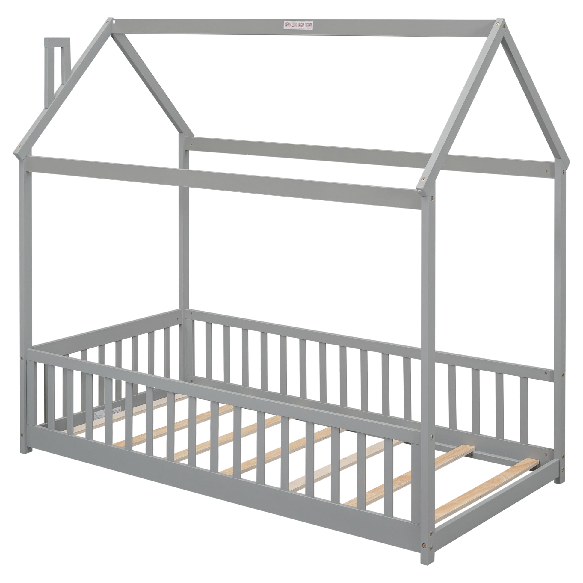 Twin House Bed With Guardrails, Slats ,Grey Twin Grey Wood Bedroom American Design Pine Bed Frame Pine
