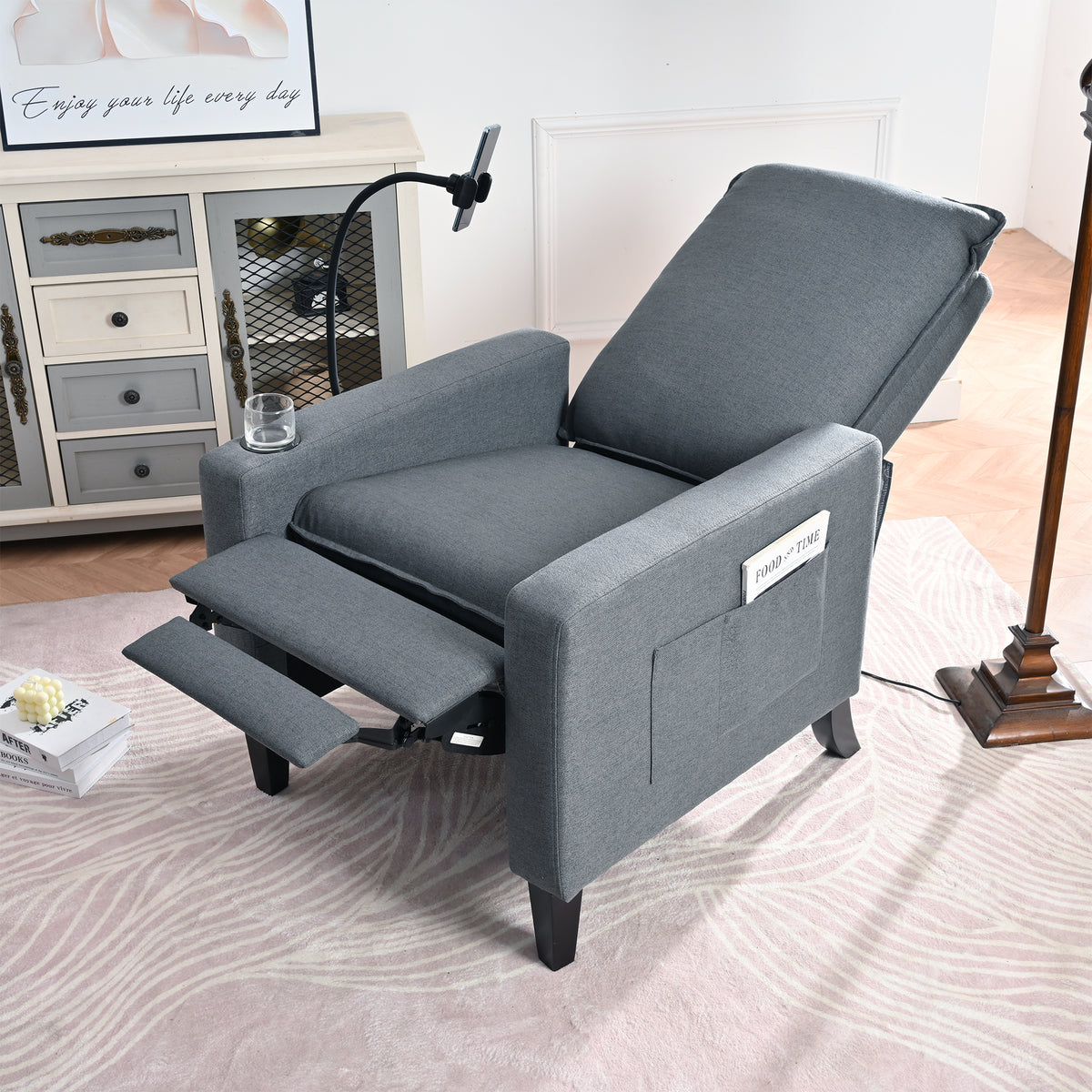 Recliner Chairs For Adults, Adjustable Recliner Sofa With Mobile Phone Holder & Cup Holder, Modern Reclining Chairs Fabric Push Back Recliner Chairs For Living Room, Bedroom, Gray Grey Foam Polyester