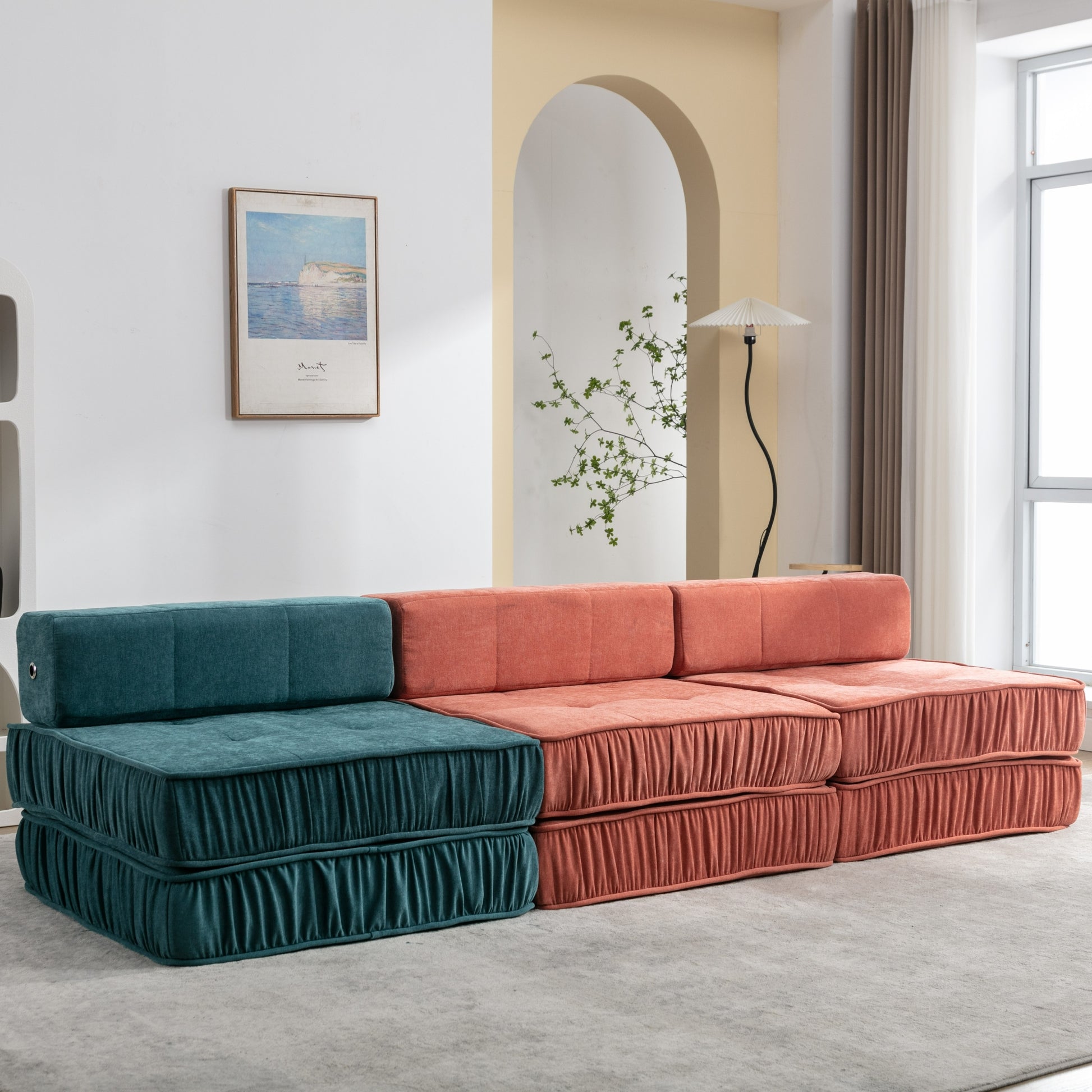 Folding Sofa Bed, Futon Sleeper Chair, Convertible Chair Floor Couch & Sleeping Mattress For Living Room, Guest Room, Home Office, Apartment, Small Space, Bed, Removable Back Cushion, Blue, 1 Seat Blue Chenille Primary Living Space Pillow Back Soft