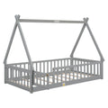 Twin Tent Shaped Floor Bed, With Guardrails, Slats, Door ,Grey Twin Grey Wood Bedroom American Design Pine Bed Frame Pine