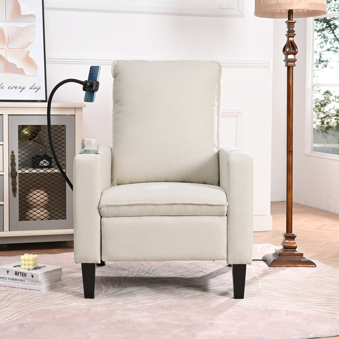 Recliner Chairs For Adults, Adjustable Recliner Sofa With Mobile Phone Holder & Cup Holder, Modern Reclining Chairs Fabric Push Back Recliner Chairs For Living Room, Bedroom, Beige Beige Foam Polyester