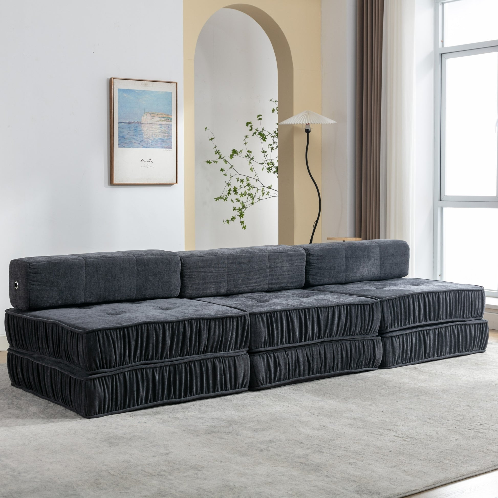 Folding Sofa Bed, Futon Sleeper Chair, Convertible Chair Floor Couch & Sleeping Mattress For Living Room, Guest Room, Home Office, Apartment, Small Space, Bed, Removable Back Cushion, Grey, 1 Seat Grey Chenille Primary Living Space Pillow Back Soft