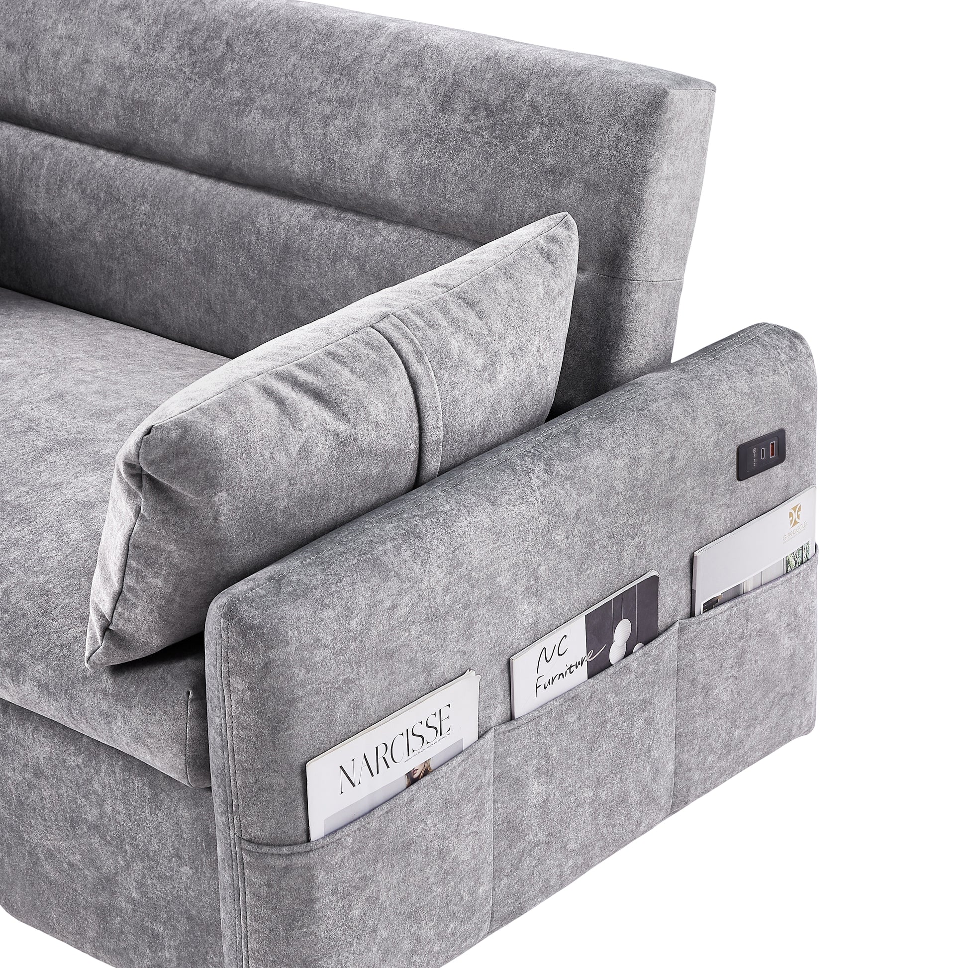 55.1" Pull Out Sleep Sofa Bed Loveseats Sofa Couch With Adjsutable Backrest, Storage Pockets, 2 Soft Pillows, Usb Ports For Living Room, Bedroom, Apartment, Office,Grey Old Sku Wf307821Aae Grey Foam Microfiber