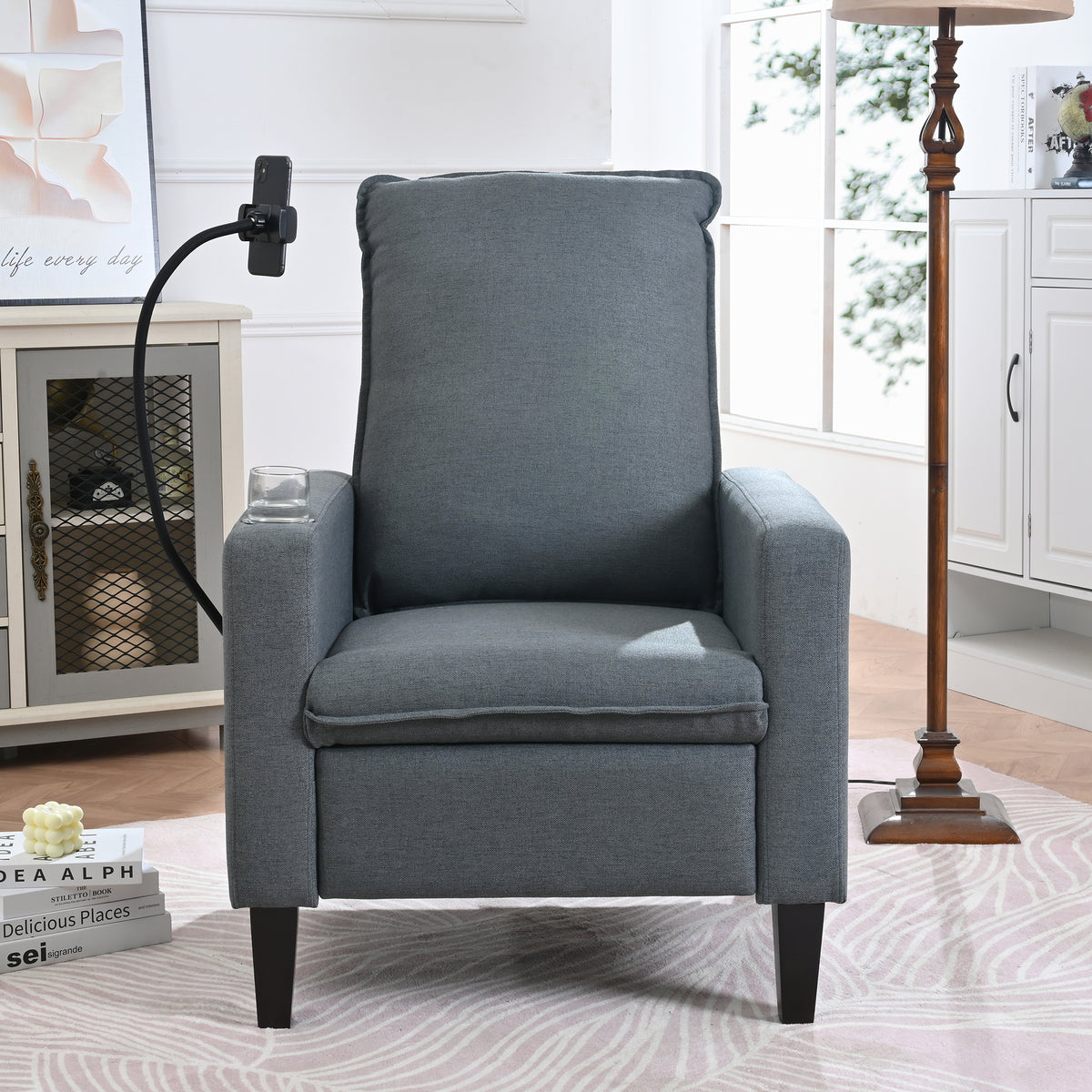 Recliner Chairs For Adults, Adjustable Recliner Sofa With Mobile Phone Holder & Cup Holder, Modern Reclining Chairs Fabric Push Back Recliner Chairs For Living Room, Bedroom, Gray Grey Foam Polyester