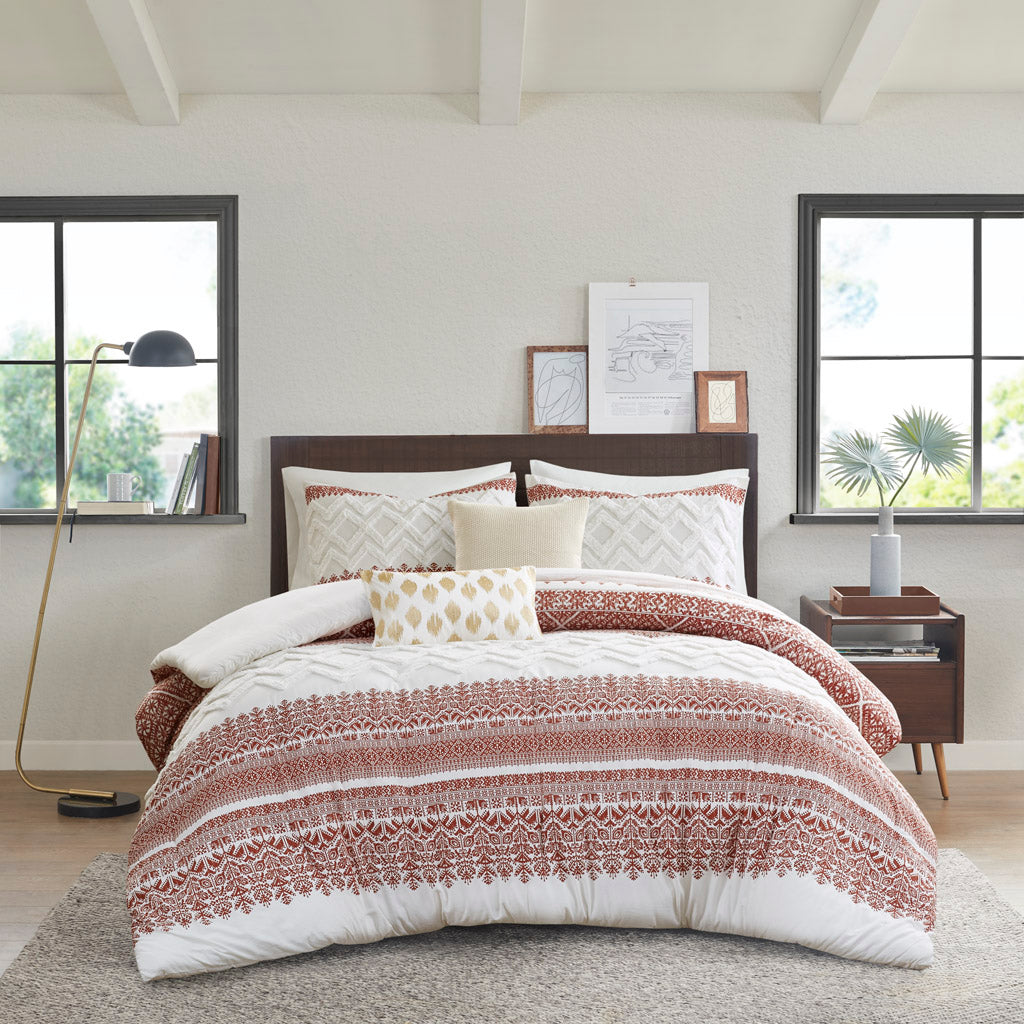 3 Piece Cotton Duvet Cover Set With Chenille Tufting Auburn Cotton