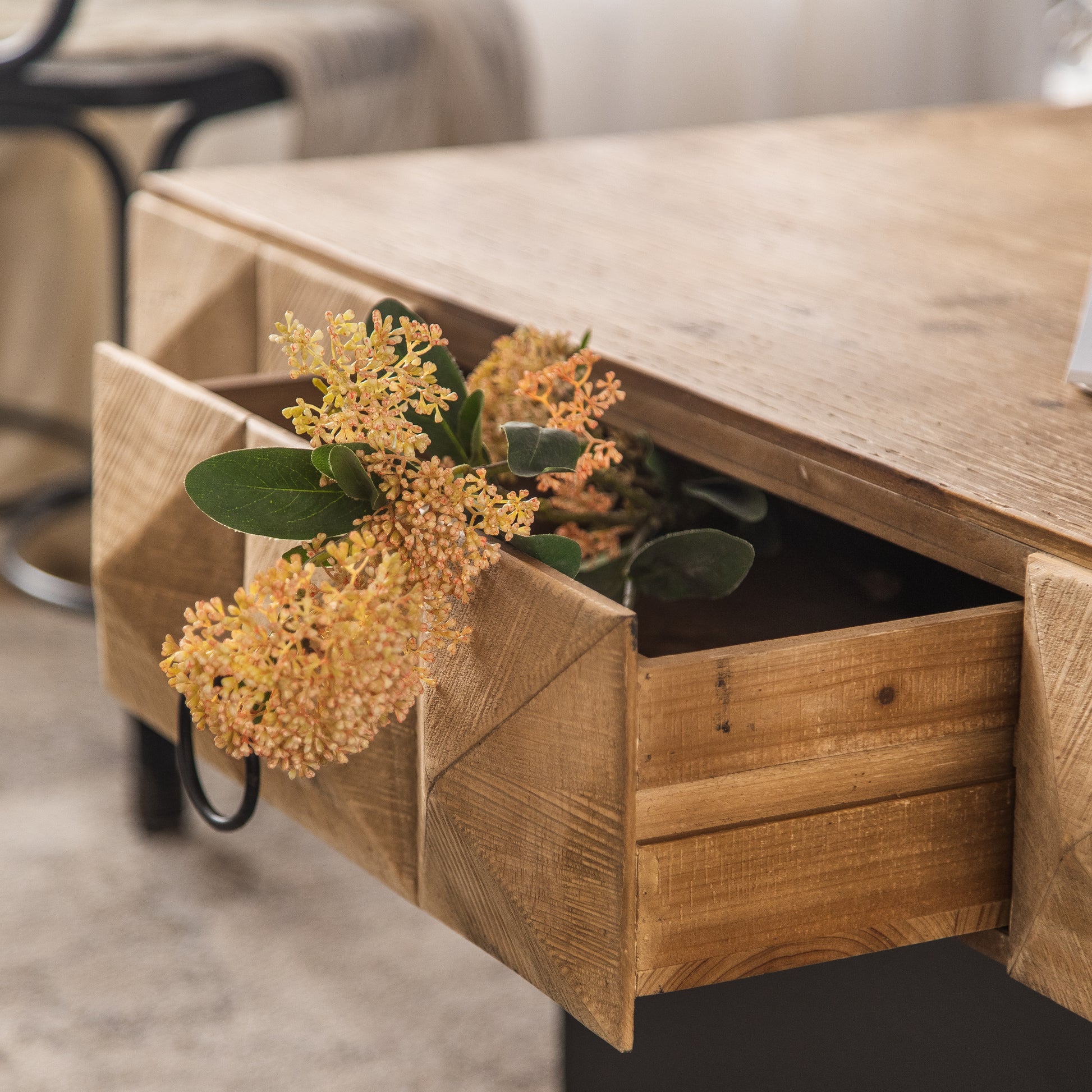 32.28"Three Dimensional Embossed Pattern Square Retro Coffee Table With 2 Drawers And Mdf Base Natural Solid Wood Mdf