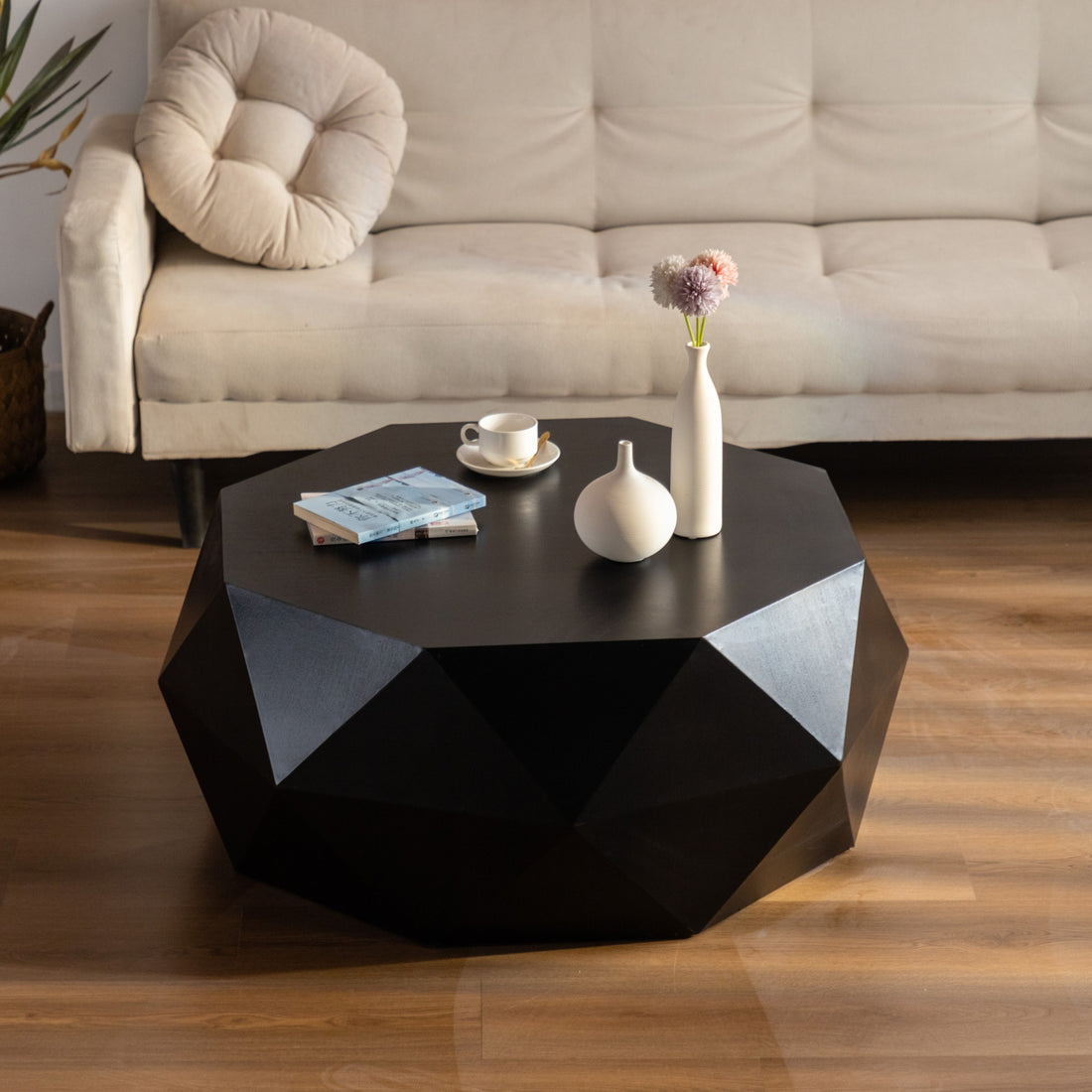 38"Three Dimensional Embossed Pattern Design American Retro Style Coffee Table,Black Tabletop Black Mdf