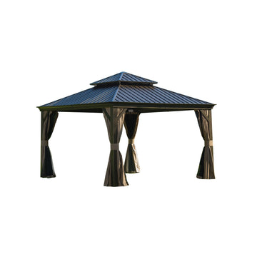 12'X12' Hardtop Gazebo, Outdoor Aluminum Frame Canopy With Galvanized Steel Double Roof, Outdoor Permanent Metal Pavilion With Curtains And Netting For Patio, Backyard And Lawn Brown Brown Aluminium