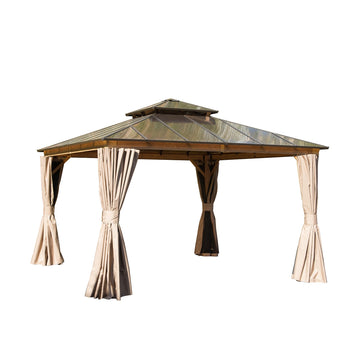 12'X12' Hardtop Gazebo, Permanent Outdoor Gazebo With Polycarbonate Double Roof, Aluminum Gazebo Pavilion With Curtain And Net For Garden, Patio, Lawns, Deck, Backyard Wood Looking Yellow Brown Aluminium