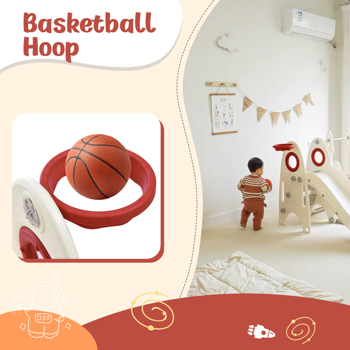4 In 1 Toddler Slide And Swing Set, Kids Playground Climber Slide Playset With Basketball Hoop,Freestanding Combination For Babies Red 50 99 Lbs Hdpe Indoor & Outdoor Use