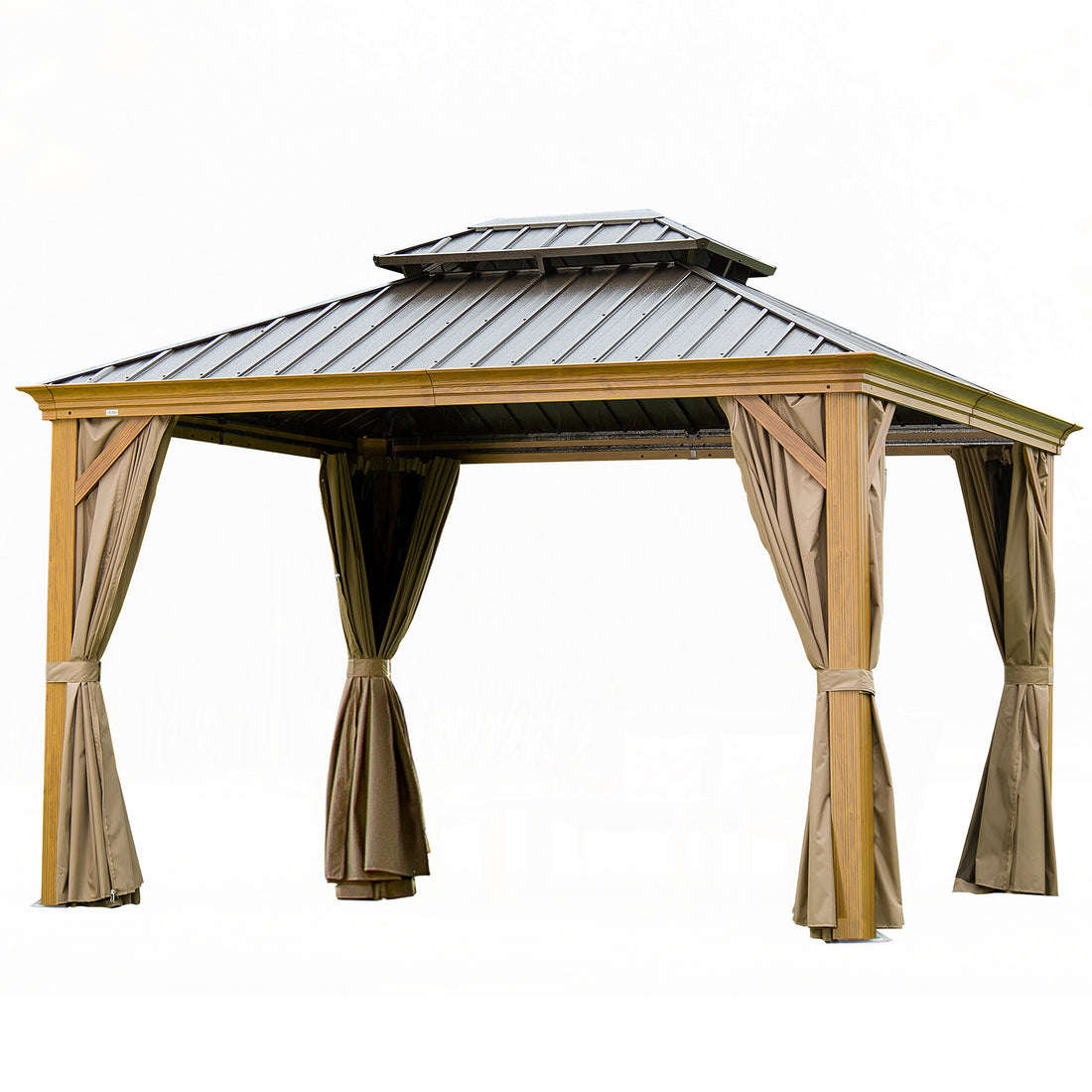 12'X14' Hardtop Gazebo, Wooden Coated Aluminum Frame Canopy With Galvanized Steel Double Roof, Outdoor Permanent Metal Pavilion With Curtains And Netting For Patio, Deck And Lawn Wood Looking Yellow Brown Aluminium
