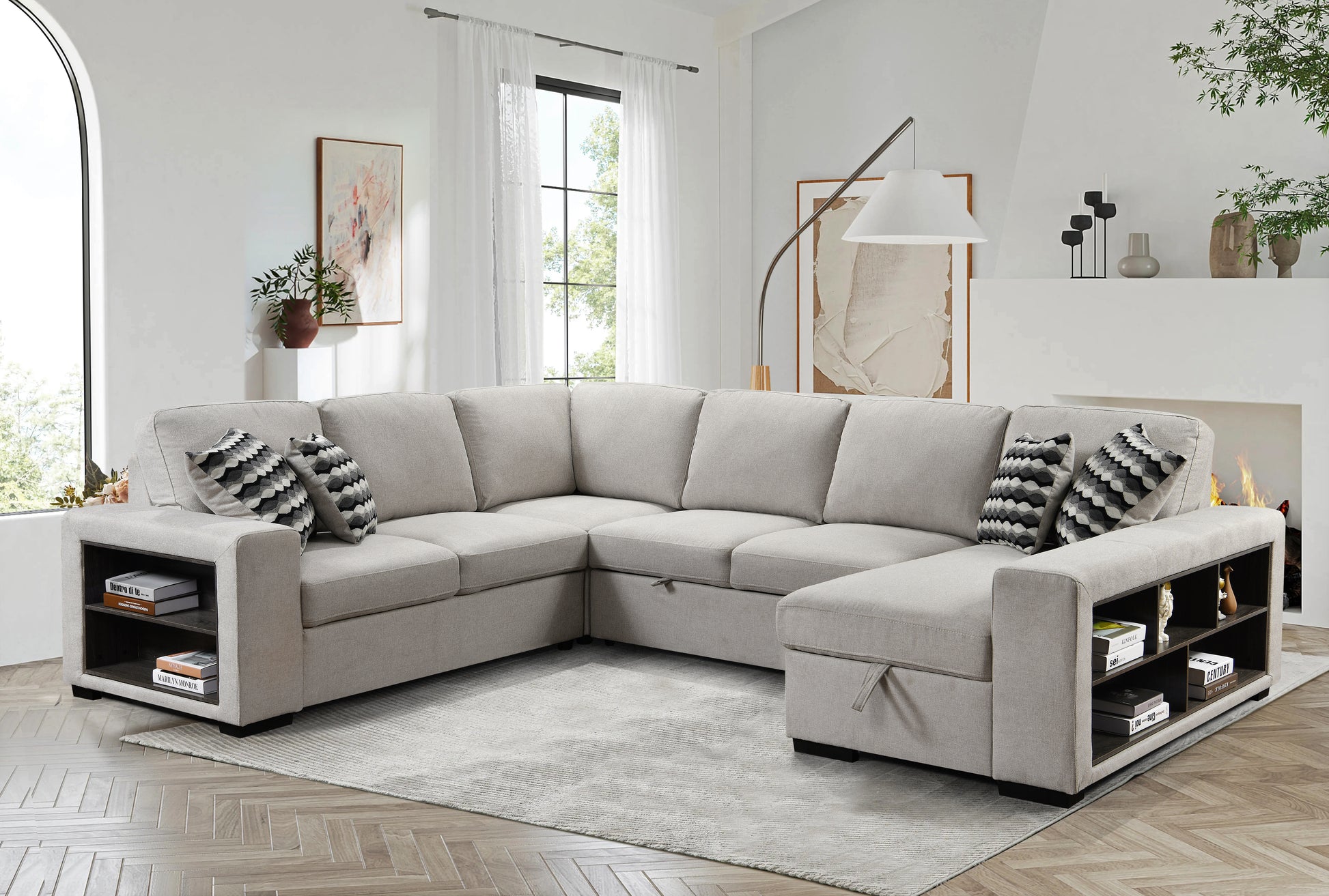 125'' Modern U Shaped 7 Seat Sectional Sofa Couch With Cabinet,Sofa Bed With Storage Chaise Pull Out Couch Bed For Living Room,Beige Light Brown Wood Primary Living Space Heavy Duty Eucalyptus 7 Seat Beige Polyester Soft Pillow Back Modern Square Arms