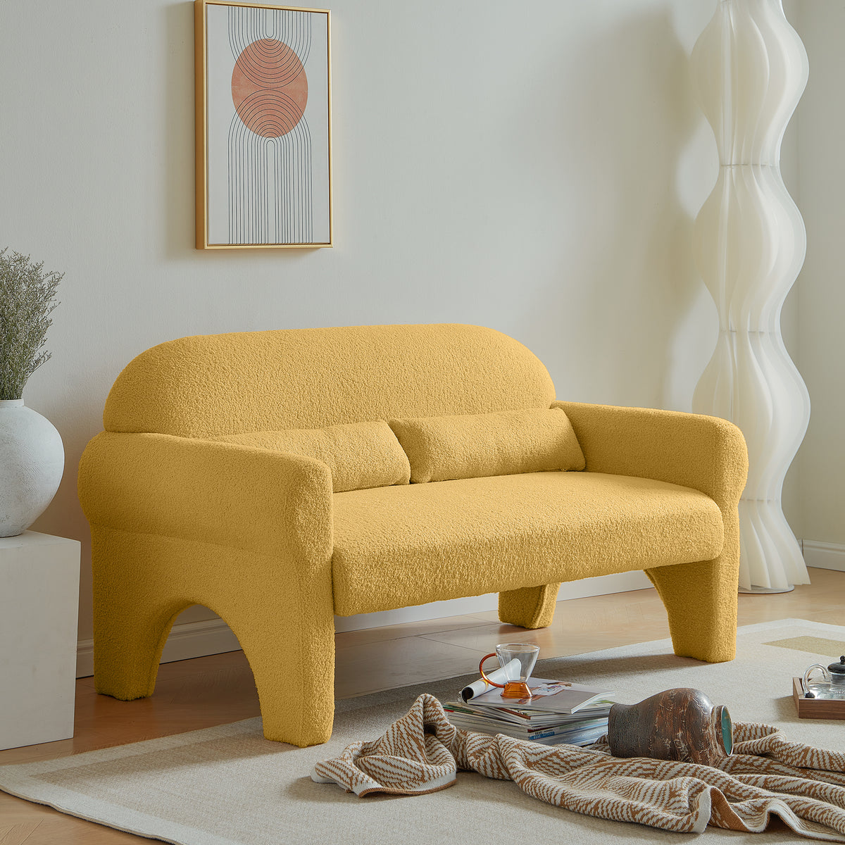 Modern Boucle Seat For Living Room Yellow Foam 2 Seat