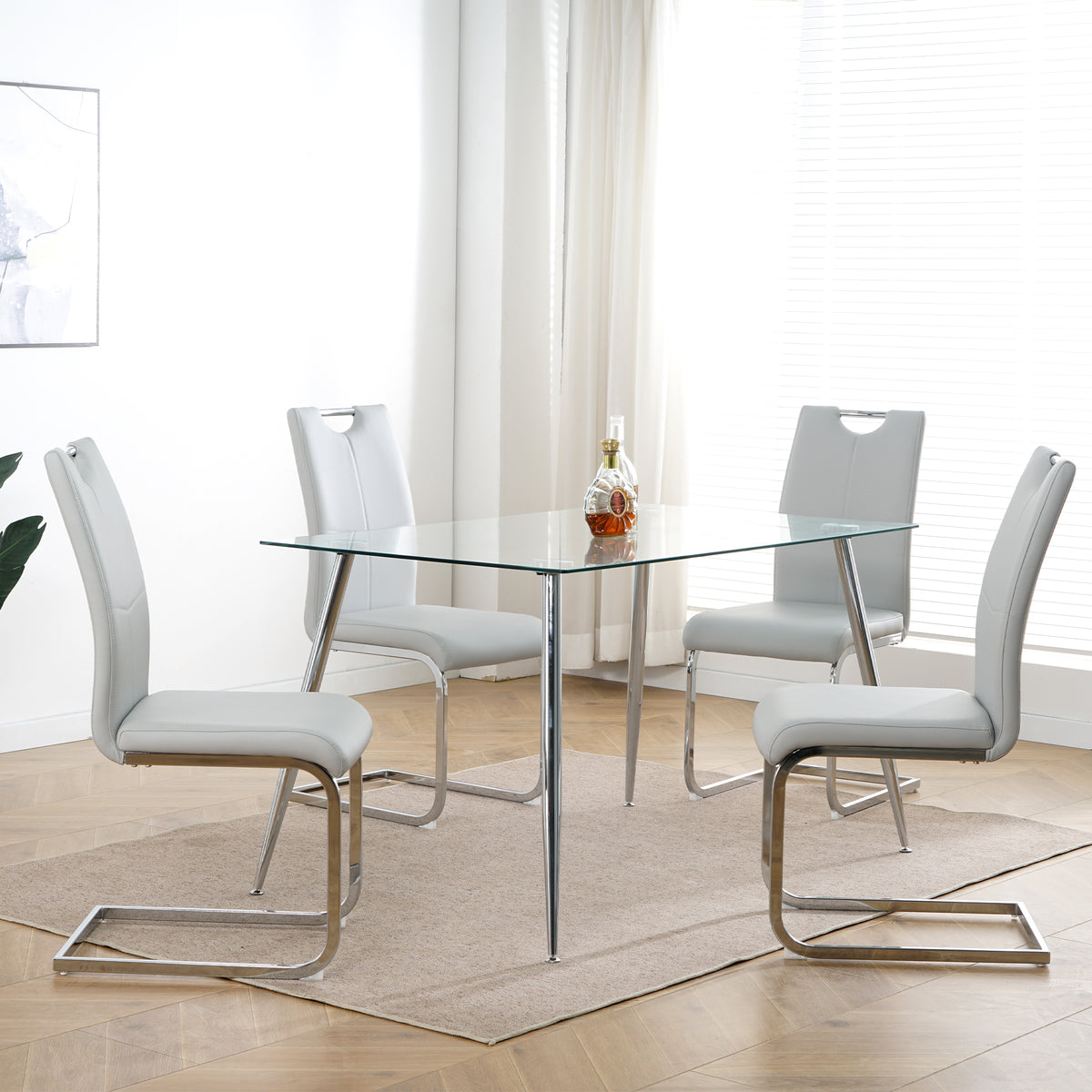 Modern Dining Chairs With Faux Leather Padded Seat Dining Living Room Chairs Upholstered Chair With Chrome Metal Legs Design For Kitchen, Living, Bedroom, Dining Room Side Chairs Set Of 4 Grey Silver Metal