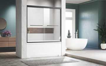 Sliding Glass Tub Door 56 60 In. W X 57 In. H, Matte Black Semi Frameless Double Bathtub Door, Certified Thick Clear Clear Tempered Glass, 304 Stainless Steel Handles. Matt Black Aluminum