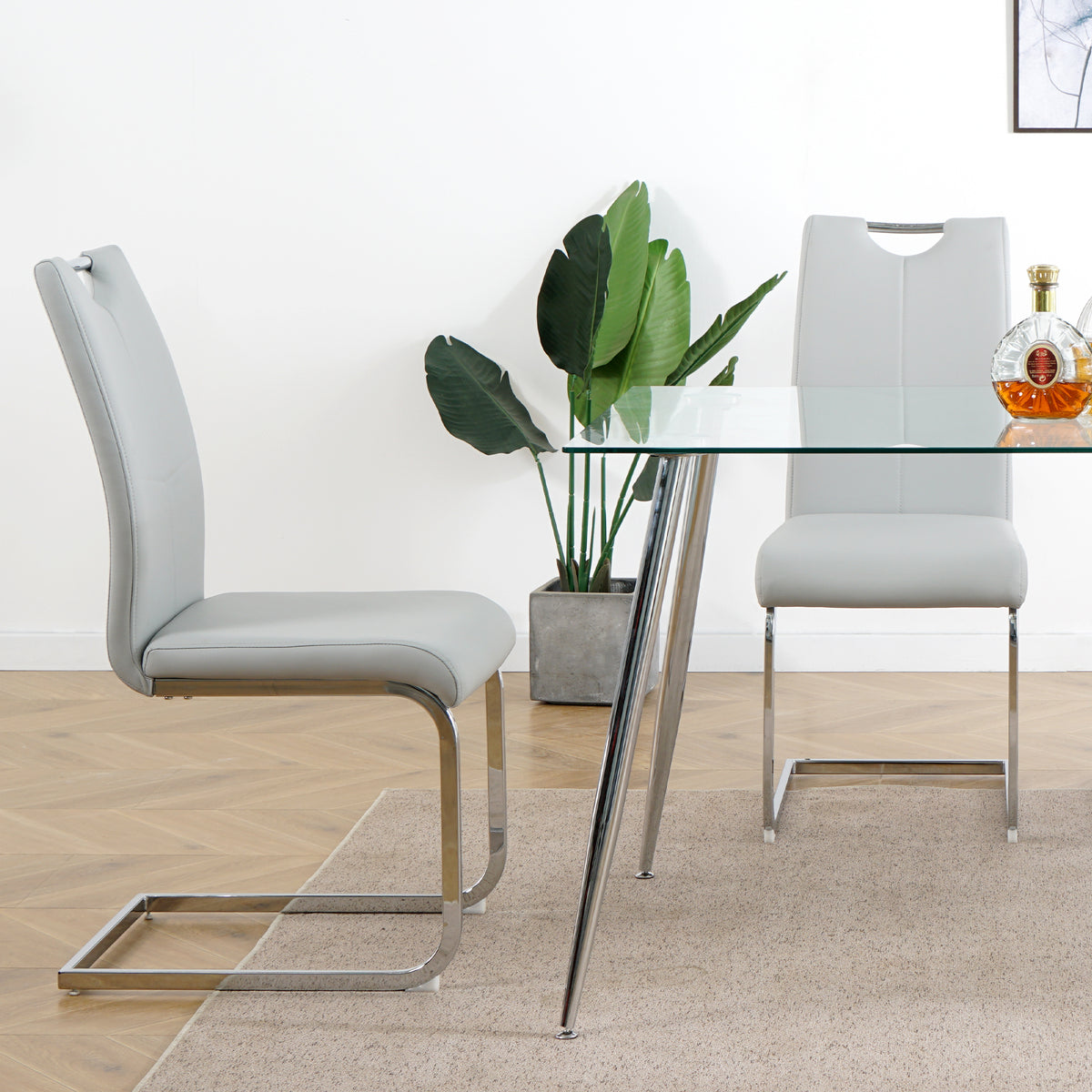 Modern Dining Chairs With Faux Leather Padded Seat Dining Living Room Chairs Upholstered Chair With Chrome Metal Legs Design For Kitchen, Living, Bedroom, Dining Room Side Chairs Set Of 4 Grey Silver Metal