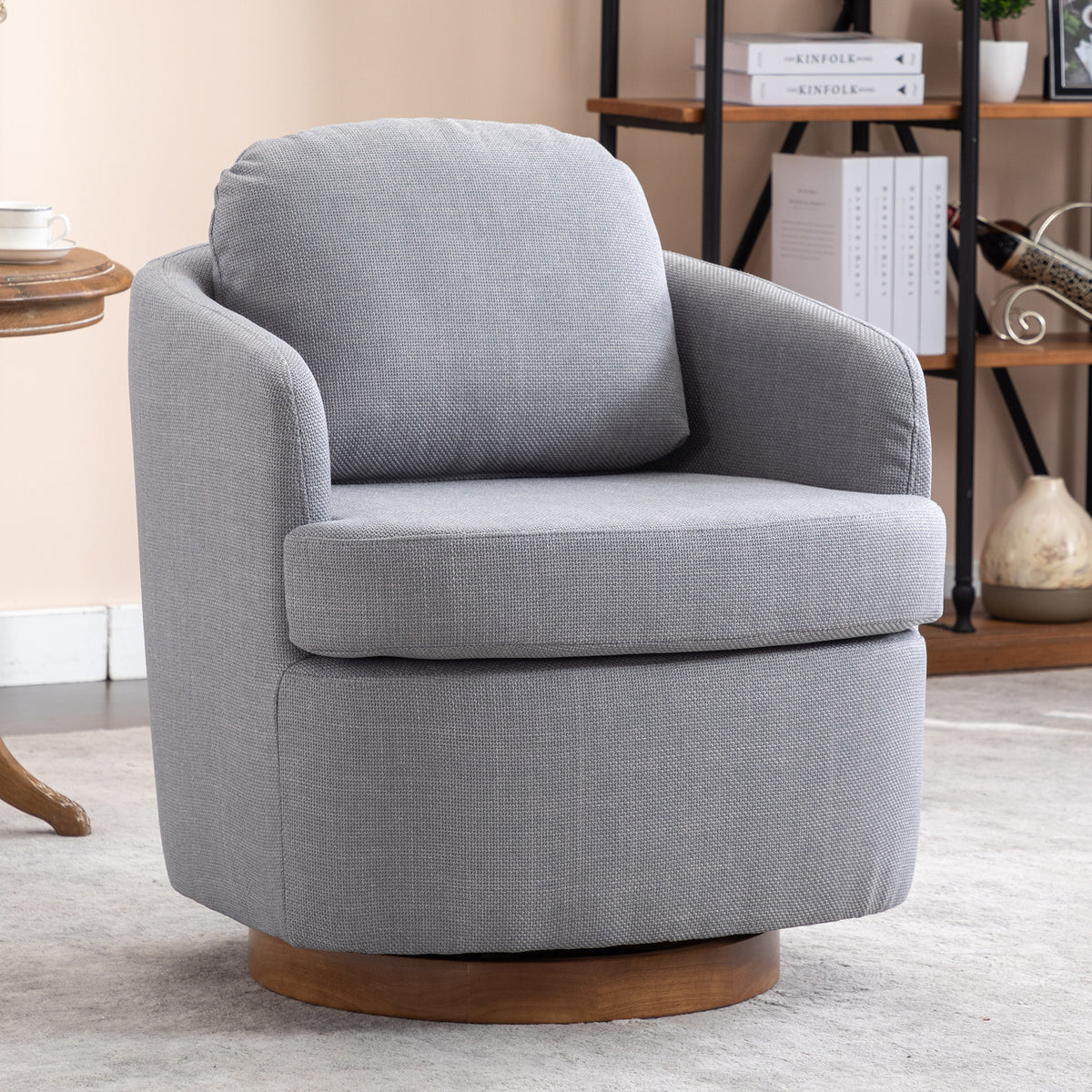 035 Linen Fabric Swivel Accent Chair With Soild Wood Round Brown Base Leg,Light Blue Light Blue Brown Primary Living Space Modern Eucalyptus Foam Linen