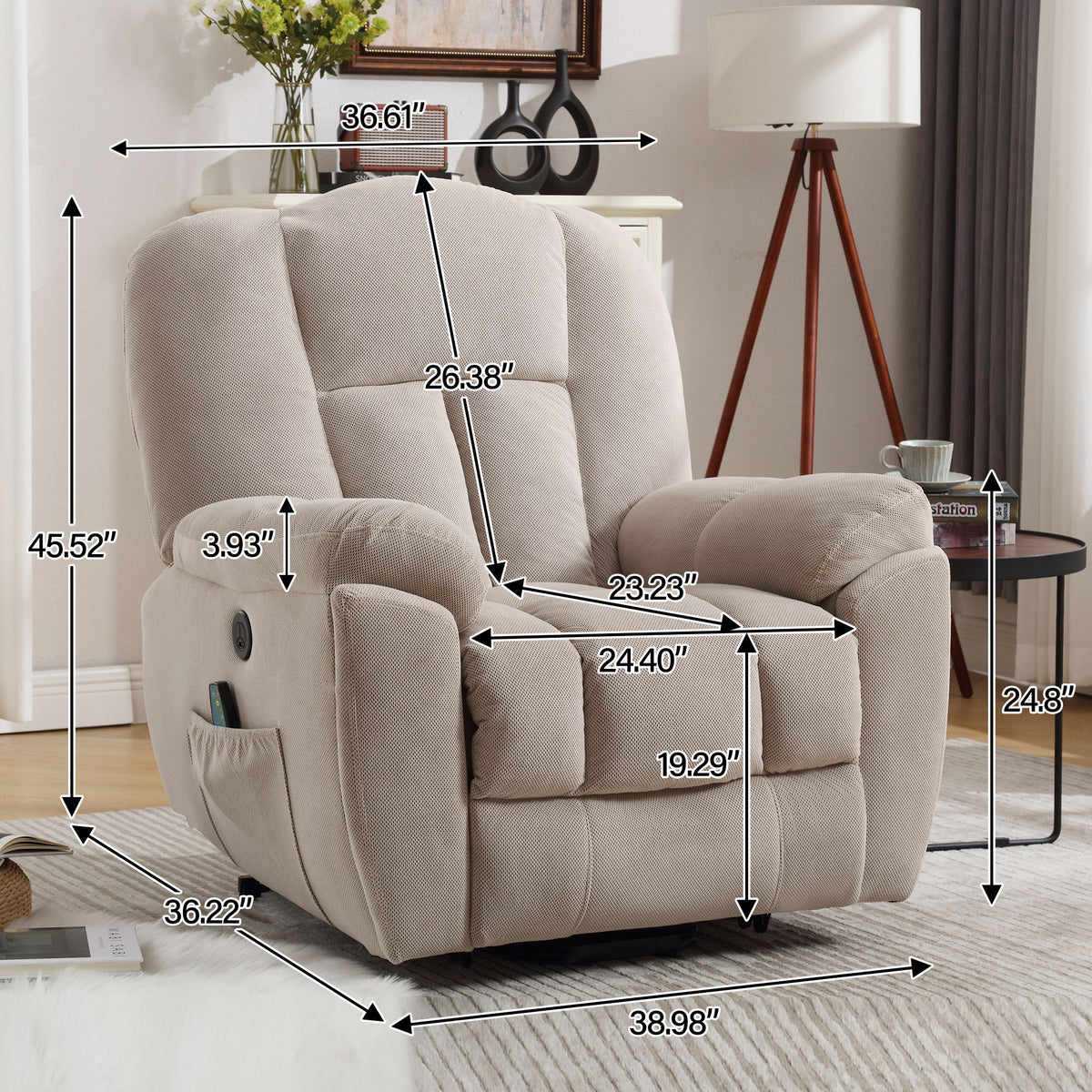 Power Lift Recliner Chair Recliners For Elderly With Heat And Massage Recliner Chair For Living Room With Infinite Position And Side Pocket,Usb Charge Port Beige Beige Soft Heavy Duty Cotton Wood Metal