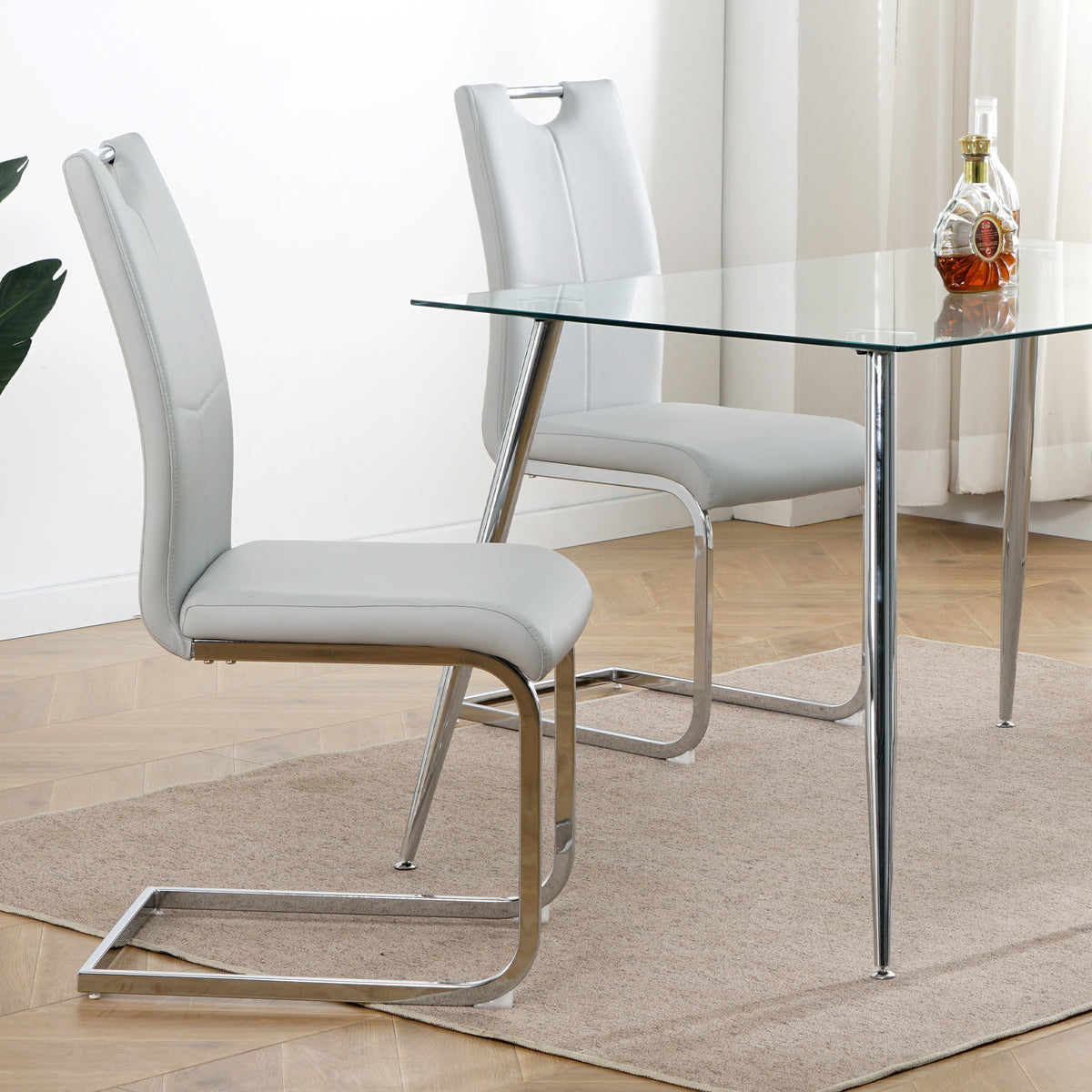 Modern Dining Chairs With Faux Leather Padded Seat Dining Living Room Chairs Upholstered Chair With Chrome Metal Legs Design For Kitchen, Living, Bedroom, Dining Room Side Chairs Set Of 4 Grey Silver Metal