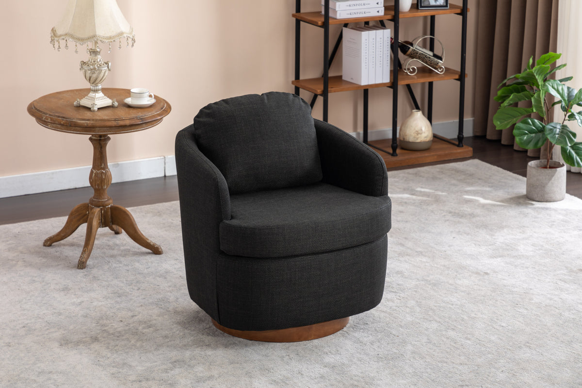 035 Linen Fabric Swivel Accent Chair With Soild Wood Round Brown Base Leg,Dark Gray Dark Gray Brown Primary Living Space Modern Eucalyptus Foam Linen