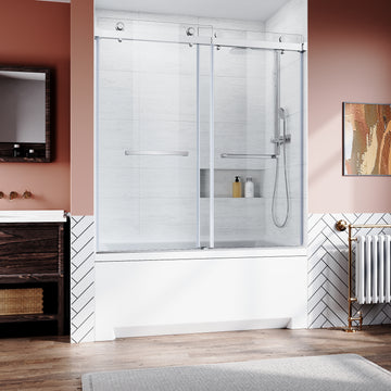 Frameless Sliding Bathtub Door 56 60 In.W X 62 In.H,Bypass Tub Glass Sliding Shower Doors,3 8" 10Mm Thick Clear Tempered Glass,Heavy Duty Stainless Steel Hardwares,2Pcs Rectangle Handles,Brushed Nick Brushed Nickel Stainless Steel