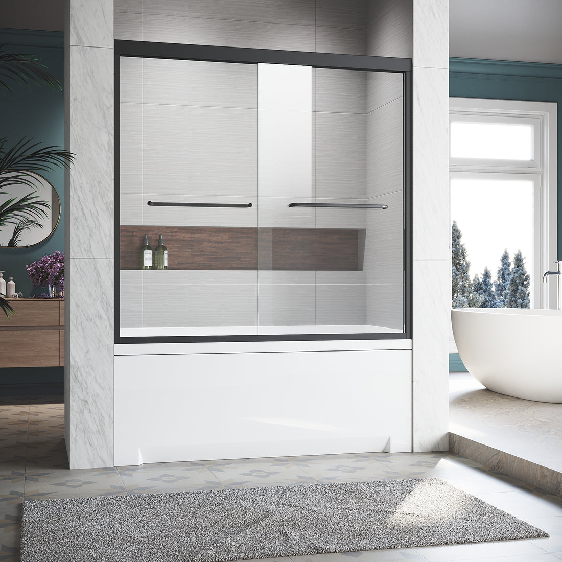 Sliding Glass Tub Door 56 60 In. W X 57 In. H, Matte Black Semi Frameless Double Bathtub Door, Certified Thick Clear Clear Tempered Glass, 304 Stainless Steel Handles. Matt Black Aluminum