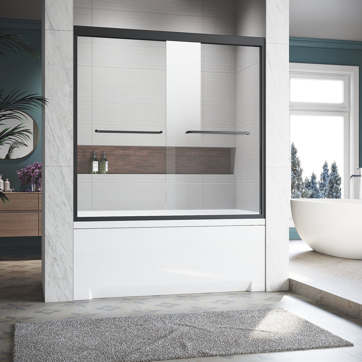 Sliding Glass Tub Door 56 60 In. W X 57 In. H, Matte Black Semi Frameless Double Bathtub Door, Certified Thick Clear Clear Tempered Glass, 304 Stainless Steel Handles. Matt Black Aluminum