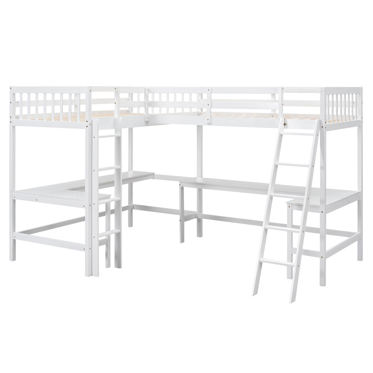 Wood Twin Size L Shaped Loft Bed With Ladder And 2 Built In L Shaped Desks, White Box Spring Not Required Twin White Wood Bedroom Solid Wood Mdf