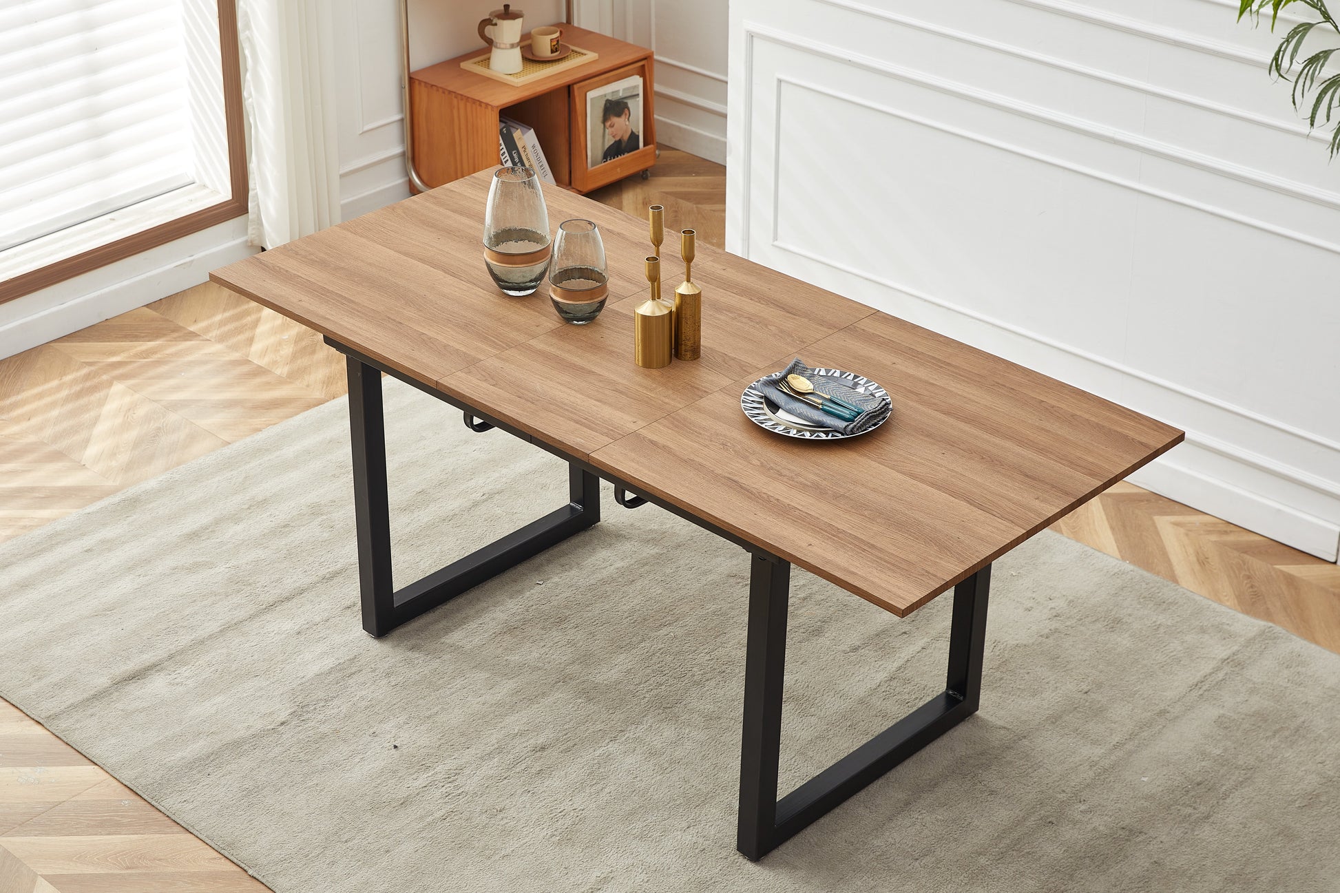 Square Extendable Dining Table With Metal Leg,Modern Space Saving Kitchen Table For Living Room 70.86" W X 31.5" D X 29.5" H Black Mdf Metal