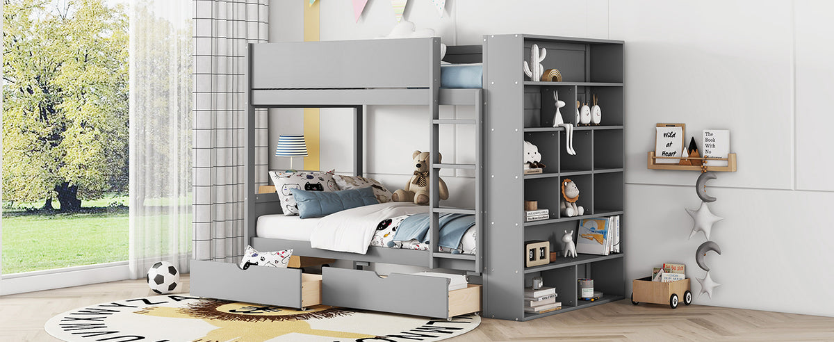 Twin Over Twin Bunk Bed With 2 Drawers And Multi Layer Cabinet, Gray Gray Solid Wood Mdf
