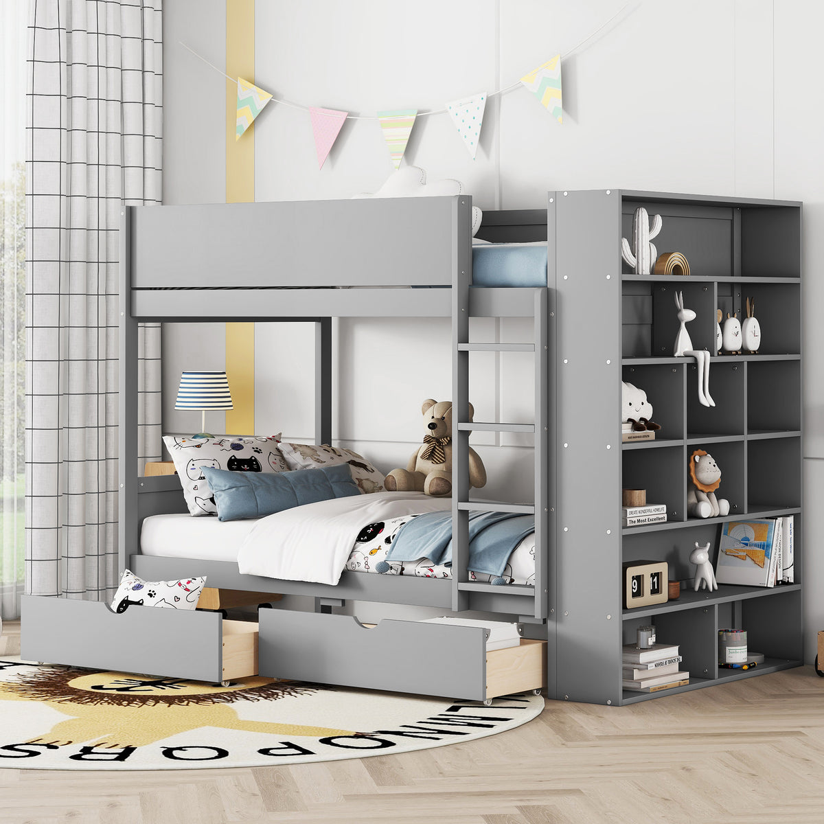 Twin Over Twin Bunk Bed With 2 Drawers And Multi Layer Cabinet, Gray Gray Solid Wood Mdf