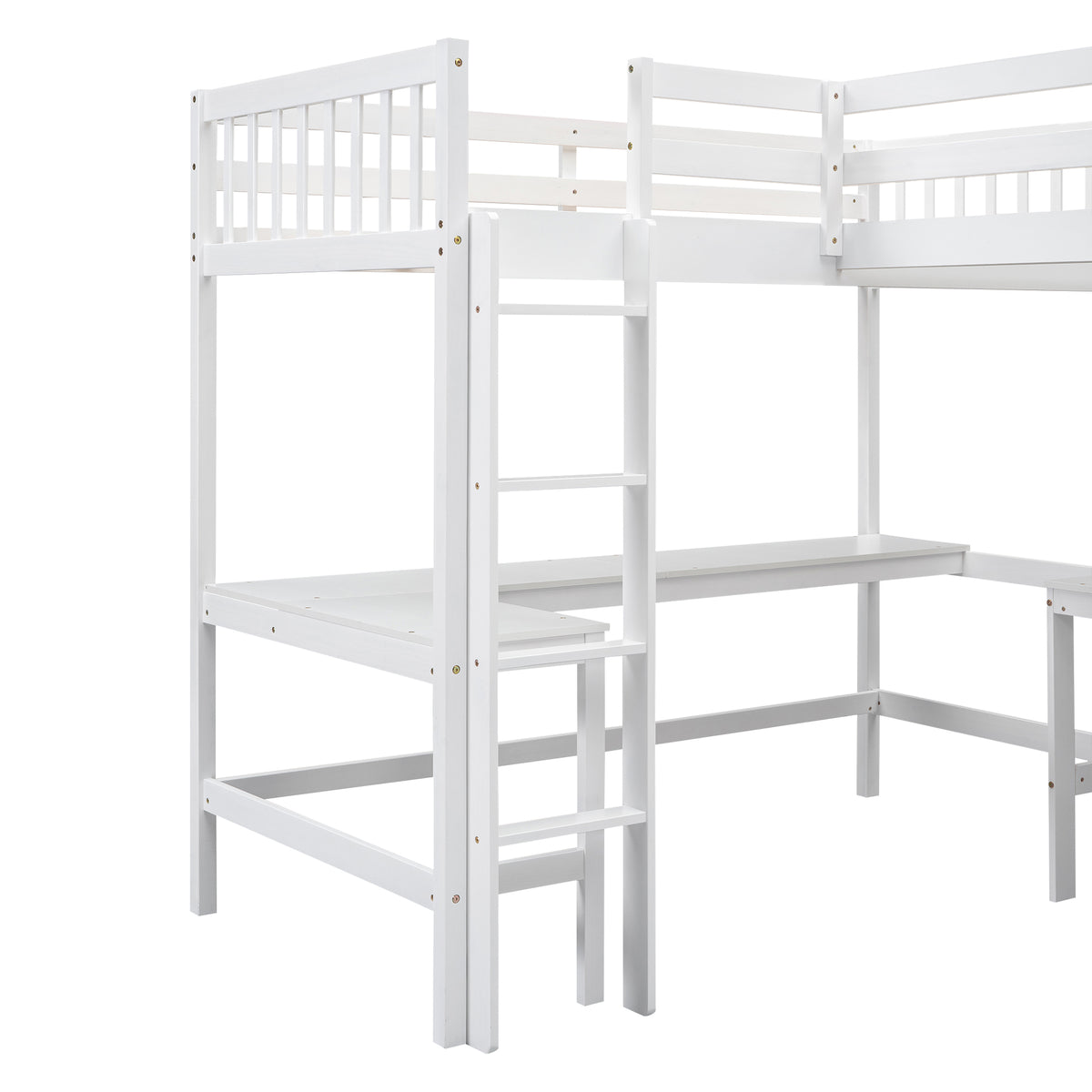 Wood Twin Size L Shaped Loft Bed With Ladder And 2 Built In L Shaped Desks, White Box Spring Not Required Twin White Wood Bedroom Solid Wood Mdf