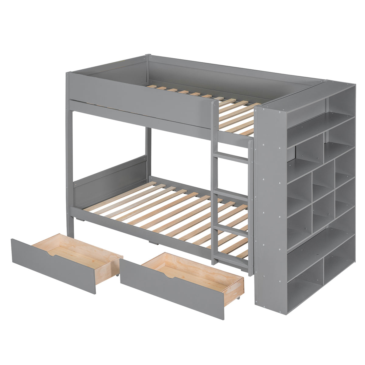 Twin Over Twin Bunk Bed With 2 Drawers And Multi Layer Cabinet, Gray Gray Solid Wood Mdf