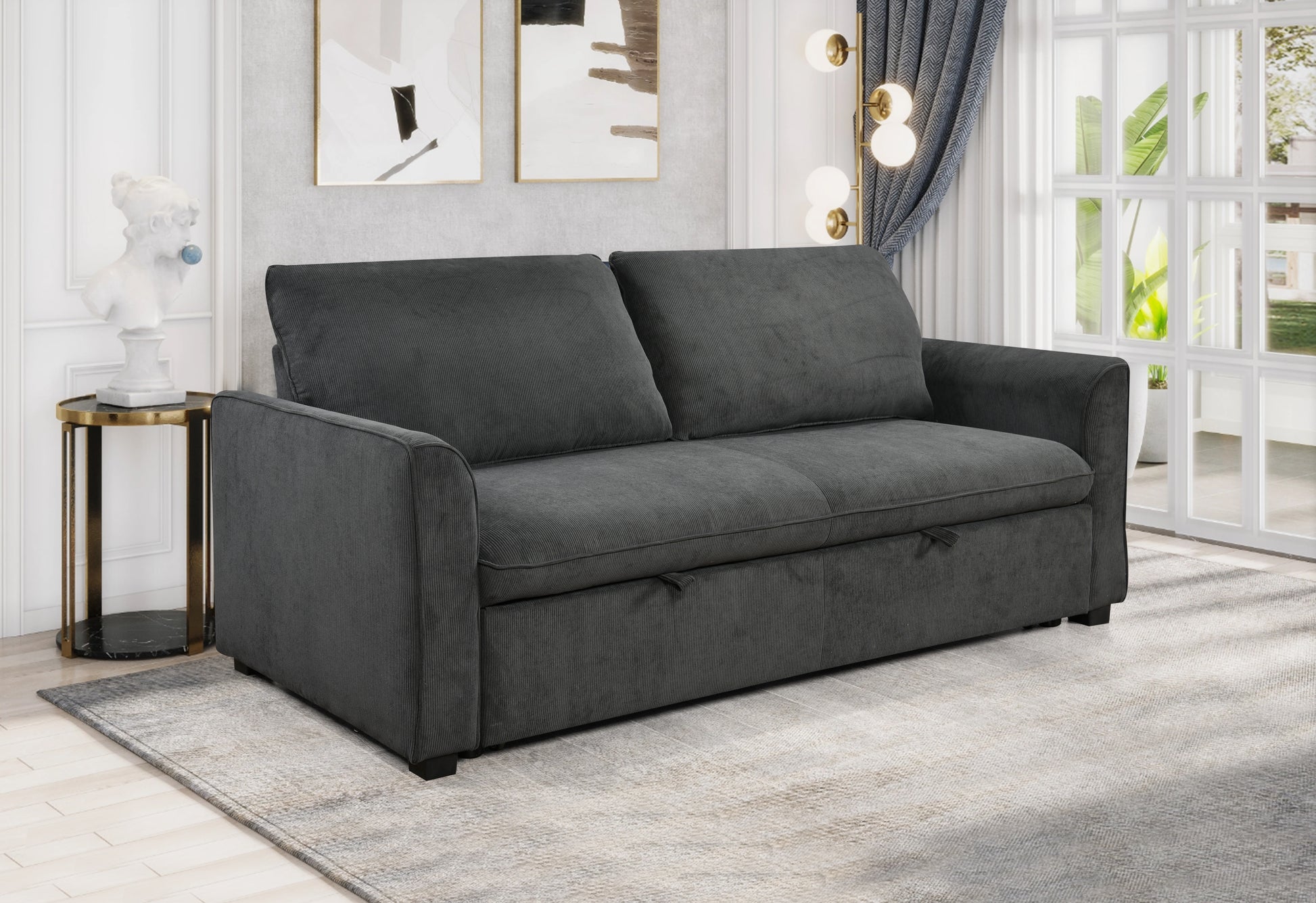 78 Inch 3 In 1 Convertible Sleeper Sofa Bed, Modern Fabric Loveseat Futon Sofa Couch W Pullout Bed, Small Beautiful Seat Lounge Sofa W Reclining Backrest, Furniture For Living Room, Dark Gray Light Brown Wood Primary Living Space Heavy Duty Eucalyptus 3