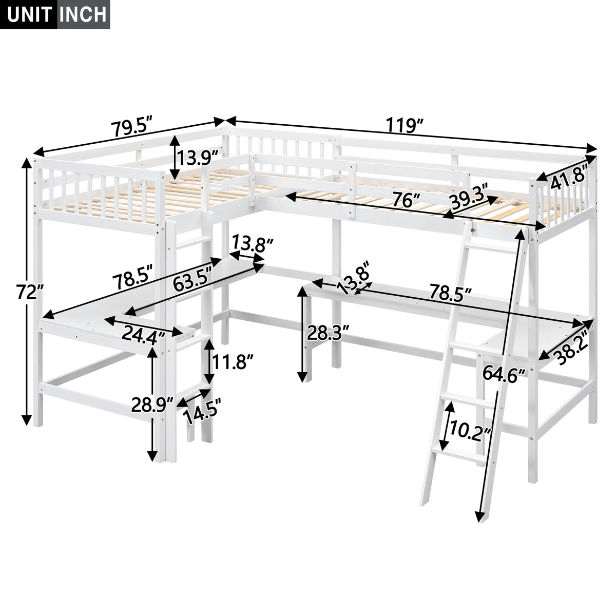 Wood Twin Size L Shaped Loft Bed With Ladder And 2 Built In L Shaped Desks, White Box Spring Not Required Twin White Wood Bedroom Solid Wood Mdf
