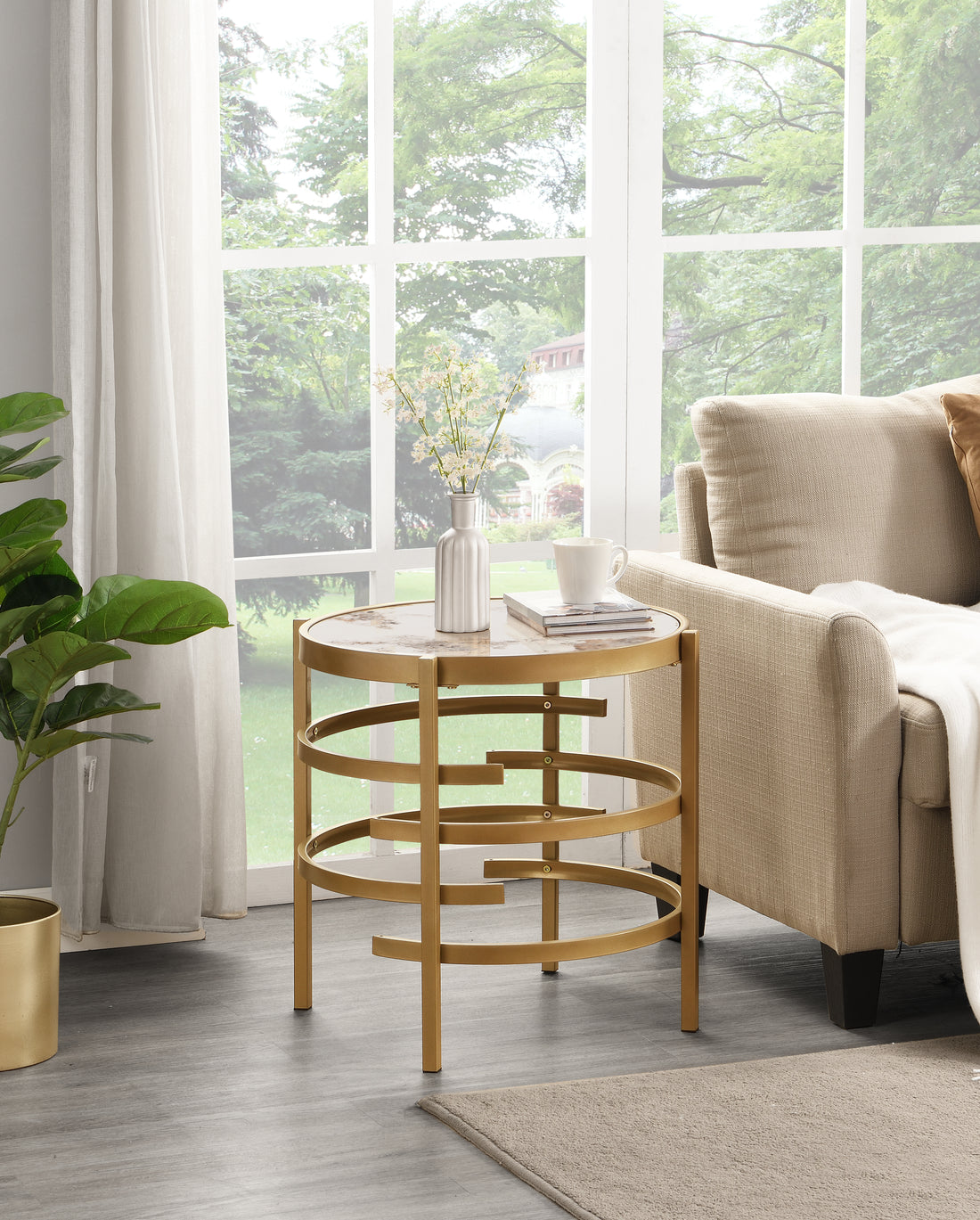Modern Side Table, Pandora Sintered Stone End Table, Golden Small Coffee Table, 20.67''W X 20.67''D X 21.65'H Golden Iron