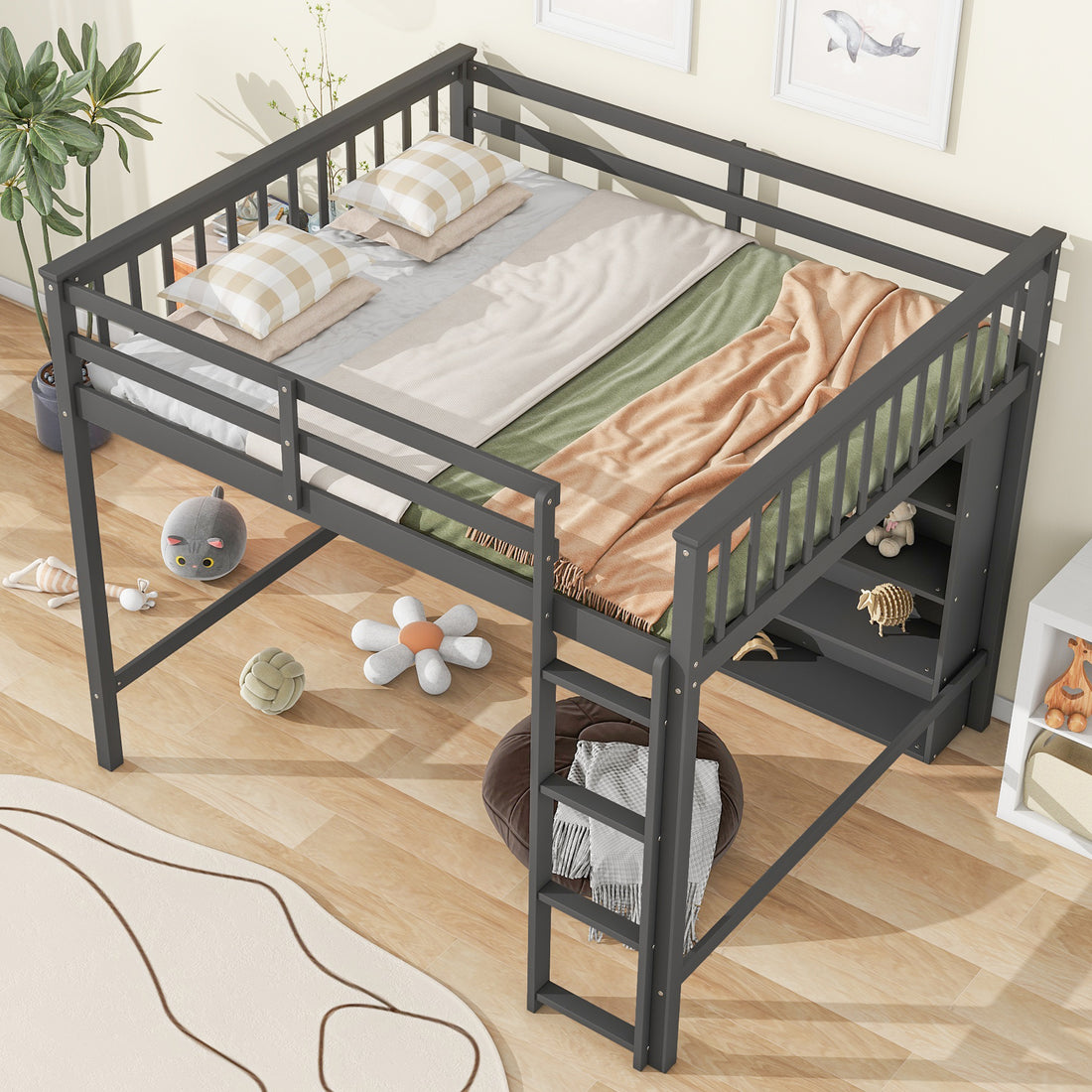 Full Size Loft Bed With 8 Open Storage Shelves And Built In Ladder, Gray Gray Solid Wood Mdf