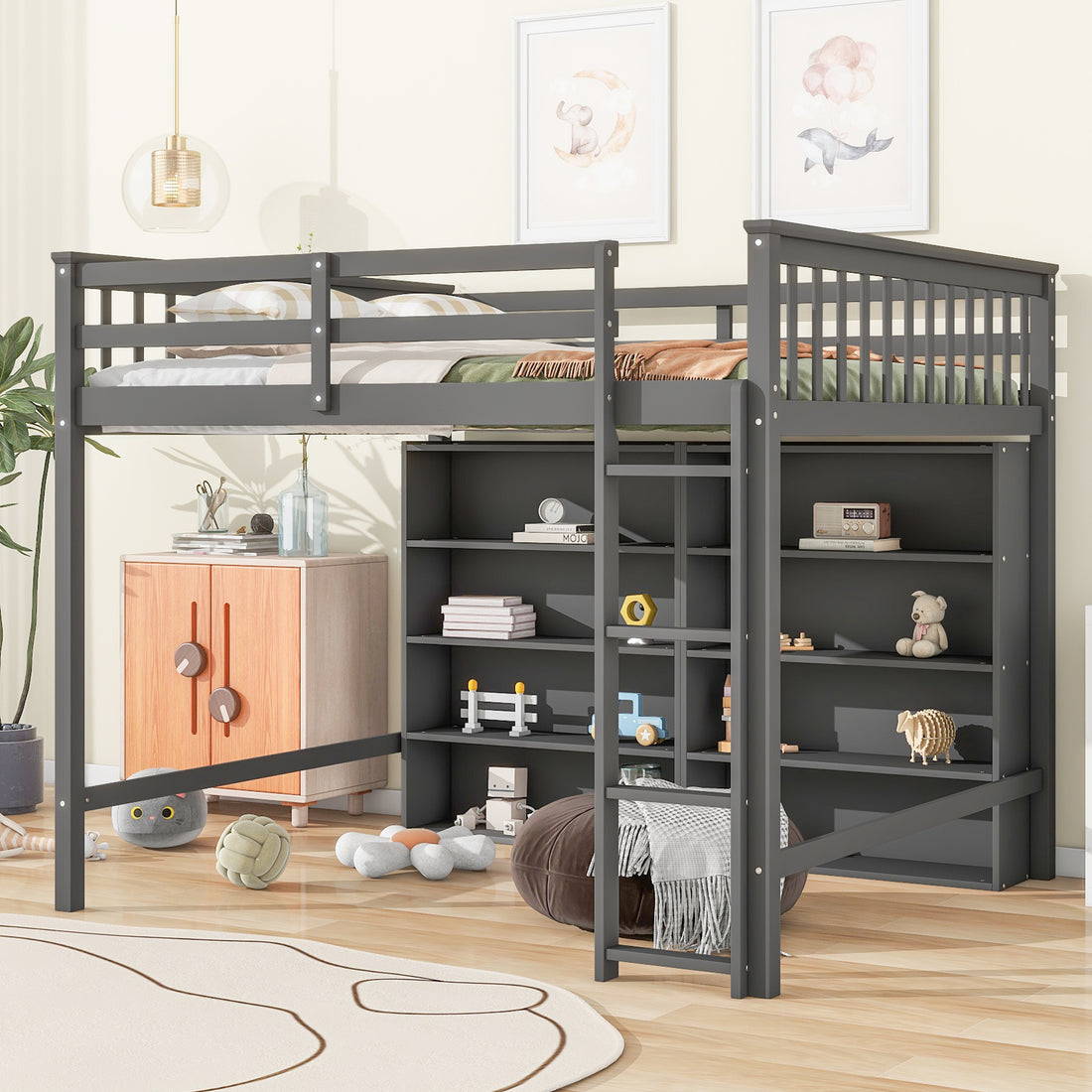 Full Size Loft Bed With 8 Open Storage Shelves And Built In Ladder, Gray Gray Solid Wood Mdf