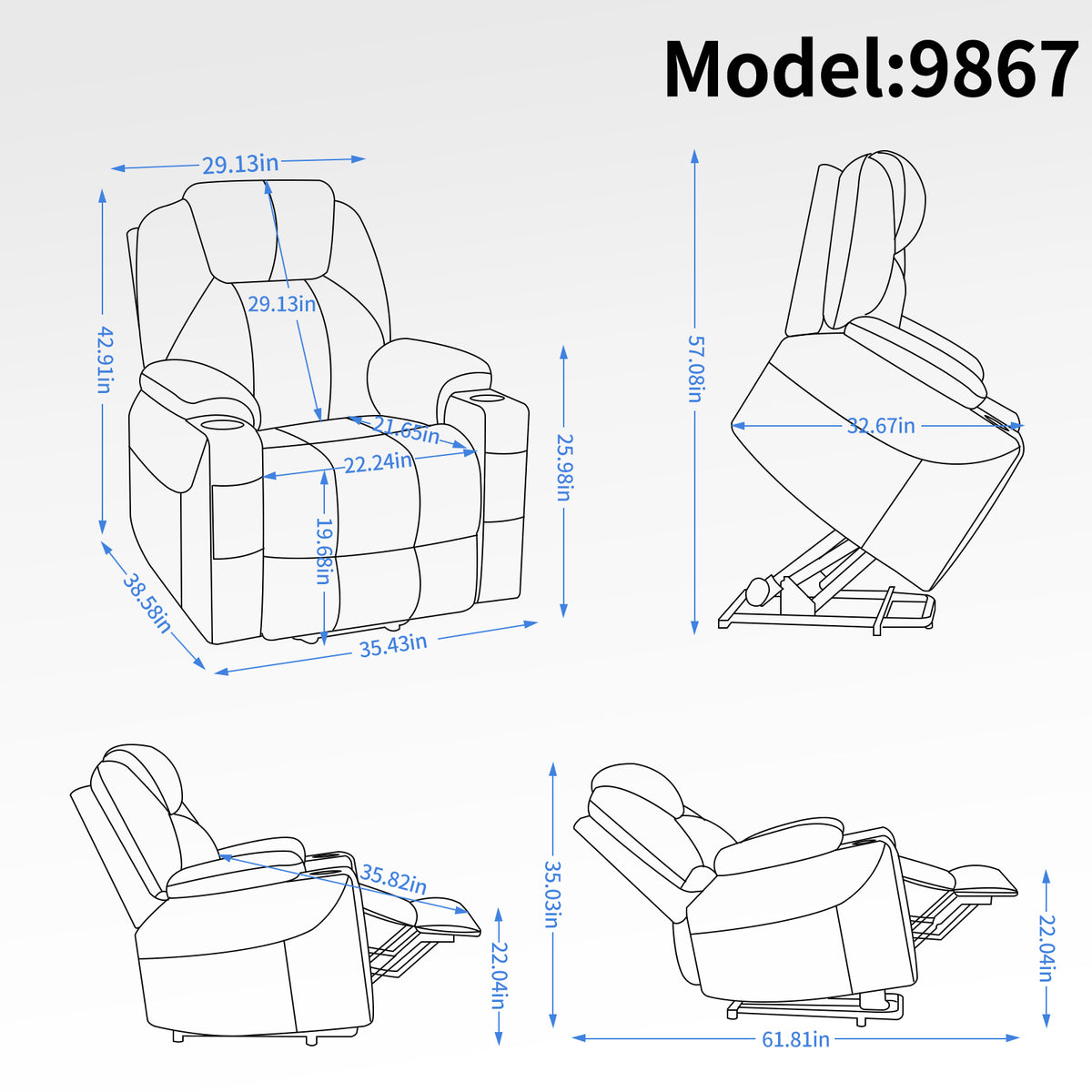 Up To 350 Lbs Chenille Power Lift Recliner Chair, Heavy Duty Motion Mechanism With 8 Point Vibration Massage And Lumbar Heating, Usb And Type C Ports, Stainless Steel Cup Holders, Blue White Metal Primary Living Space Heavy Duty Pine Blue Gray Chenille