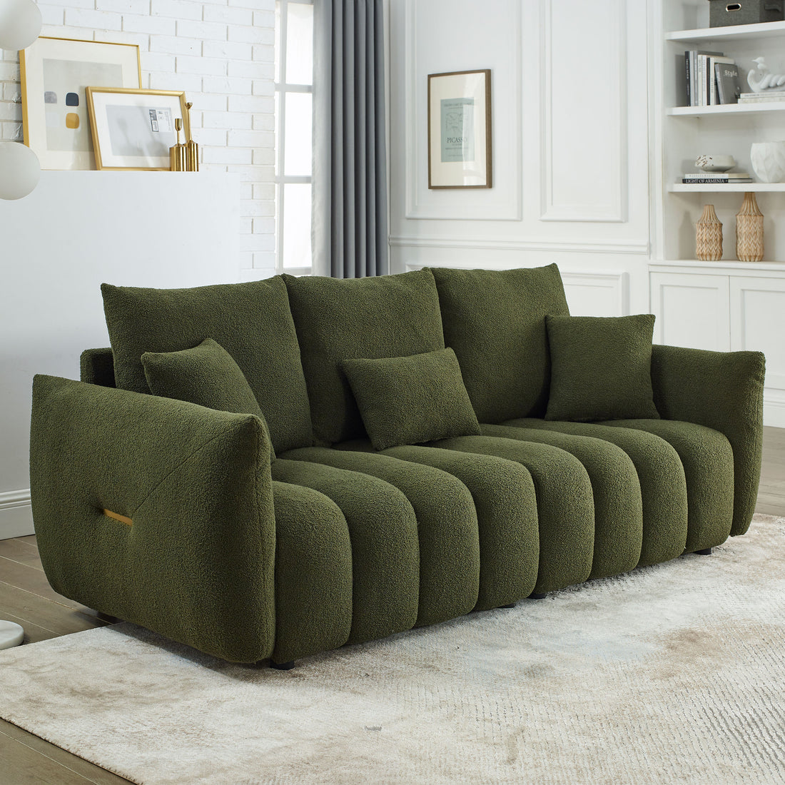 Video Mh 82" Premium Teddy Fabric Sofa With 3 Back Pillows And 3 Back Cushions Solid Wood Frame 3 Seater Sofa, Oversized Upholstered Chair For Living Room, Bedroom, Apartment And Office Green Wood